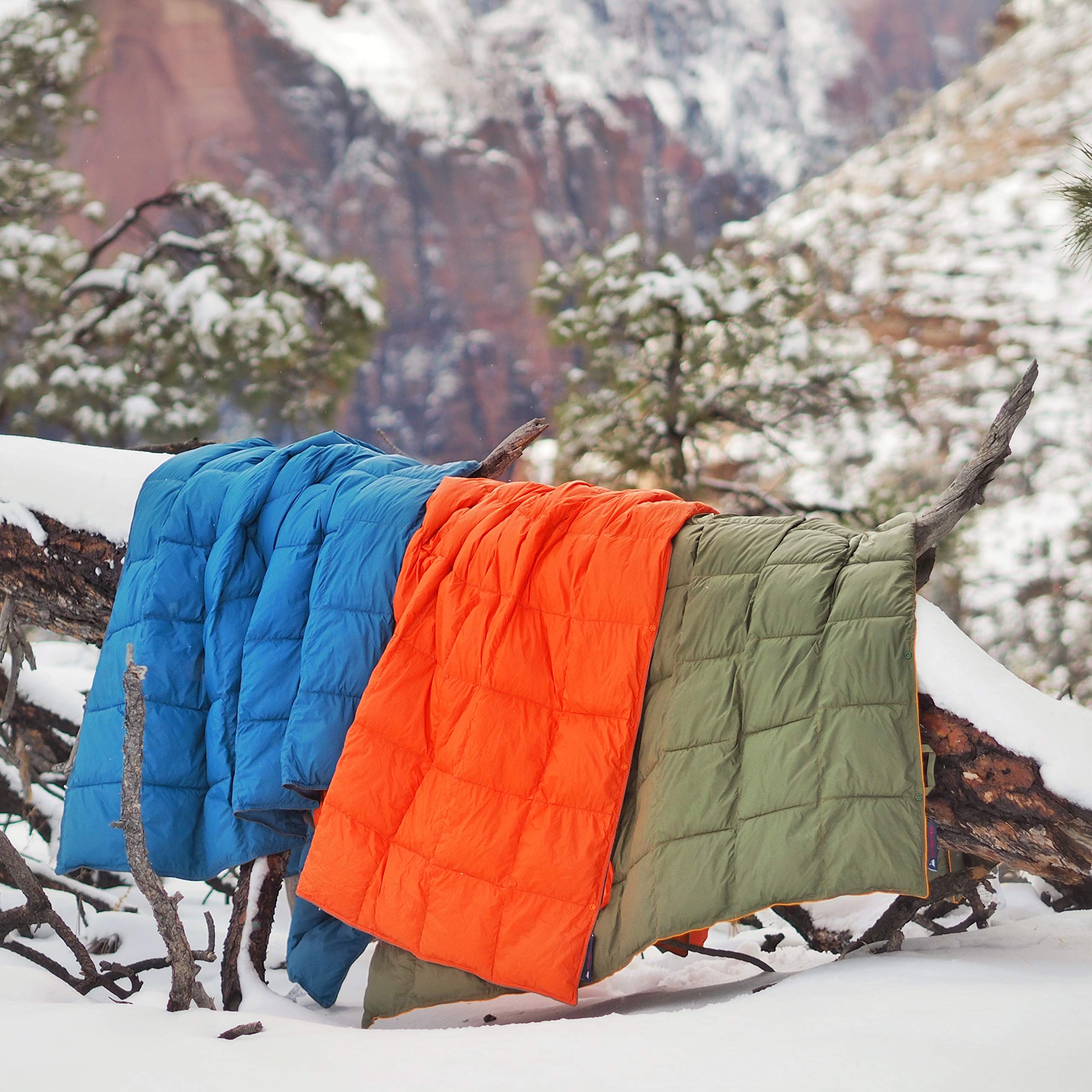 Premium Down Camping Blanket - Olive & Teal Blue Bundle - Ultra Lightweight, Packable & Warm 650 Fill Power Water-Resistant Quilt for Outdoor Adventures, Hiking, Backpacking & Travel - Perfect for Campfires, Picnics & Cozy Nights Under the Stars