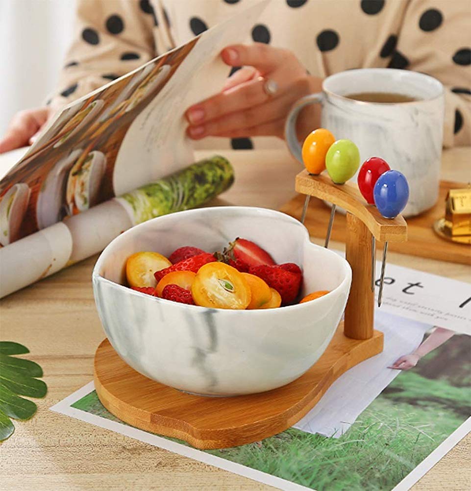 QTQHOME Creative Ceramic Fruit Bowl - Modern Pink Salad Dish Plate with Fork for Candy, Dried Fruits & Snacks - Perfect for Living Room, Kitchen & Dining Table Decor
