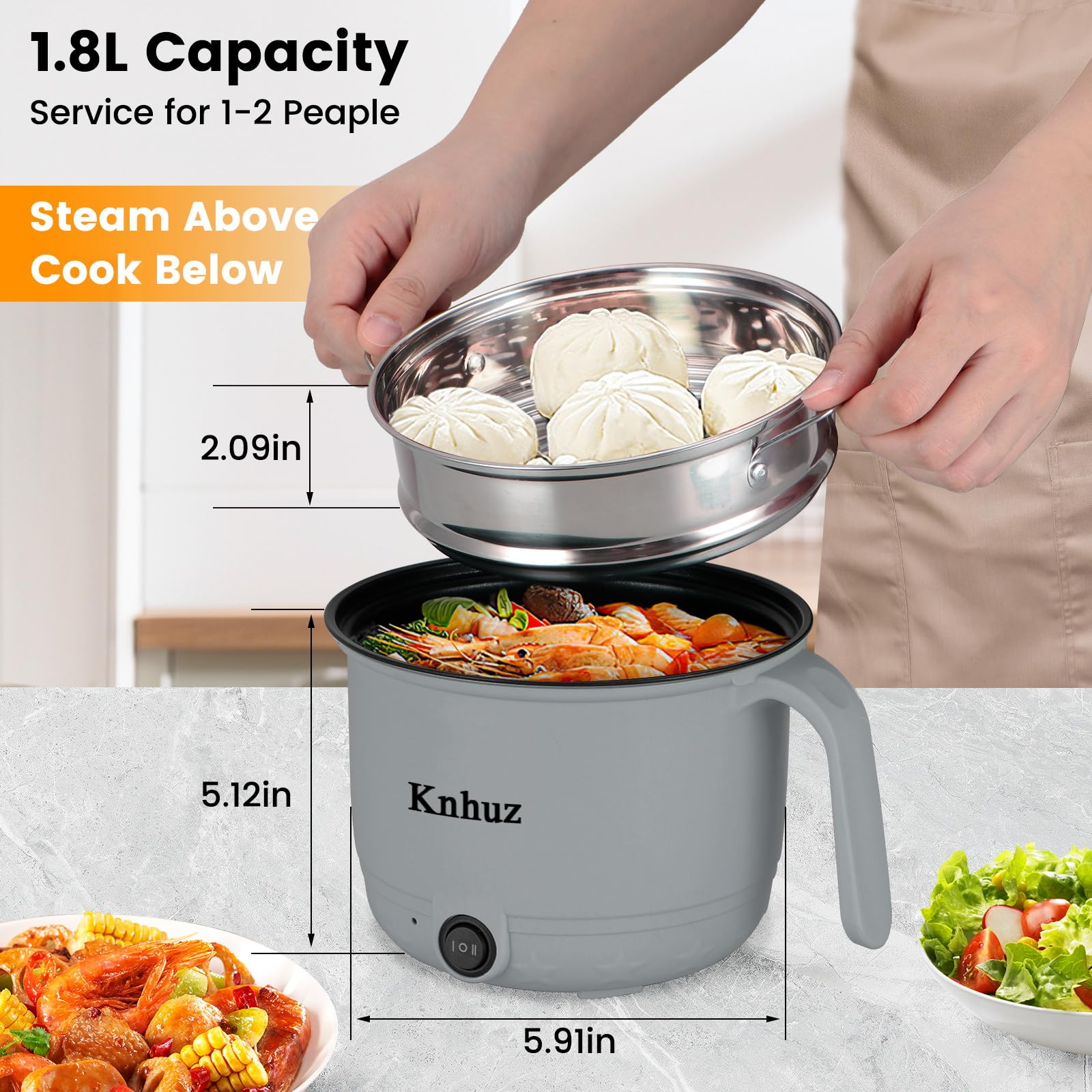 1.8L Electric Hot Pot with Steamer - Portable Mini Self-Heating Cooker for Noodles, Ramen, Pasta, Steak & Shabu Shabu | Non-Stick Gray Pot for Dorm, Office & Travel | Fast Cooking & Easy Clean