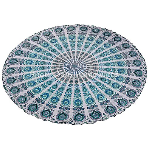 Bohemian Round Mandala Throw Tablecloth - Green & Blue Peacock Eye Printed Picnic Rug, Yoga Mat & Wall Tapestry (72 Inches) - Perfect for Outdoor Picnics, Yoga Sessions & Boho Home Decor