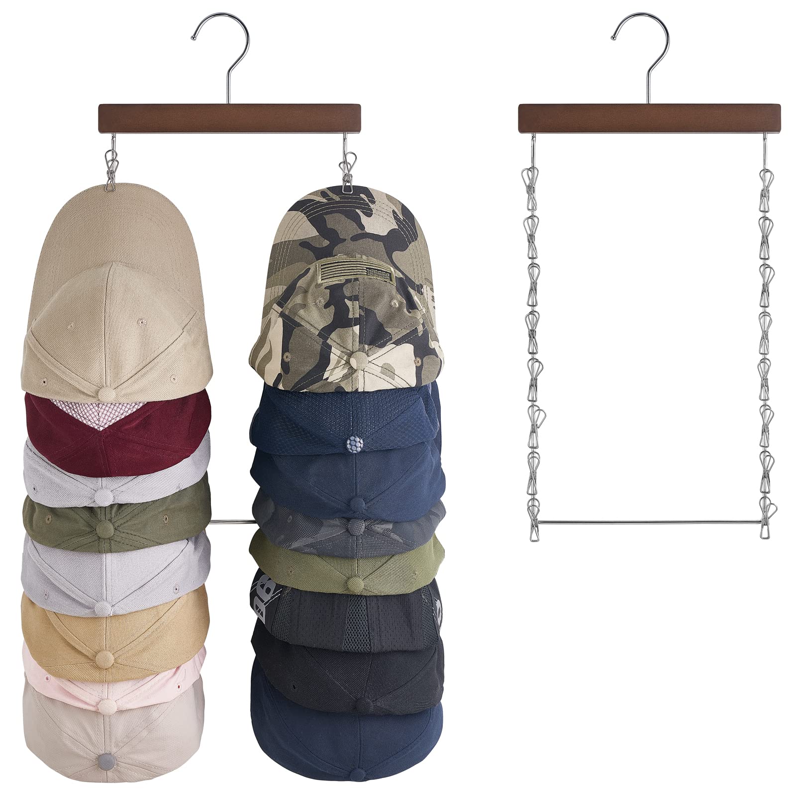 Dahey Wooden Hat Organizer Set of 2 - 32 Stainless Steel Clips Baseball Cap Holder for Closet Storage | Space Saving Door Hanger for Caps, Hats & Accessories | Perfect for Bedroom, Closet & Dorm Organization