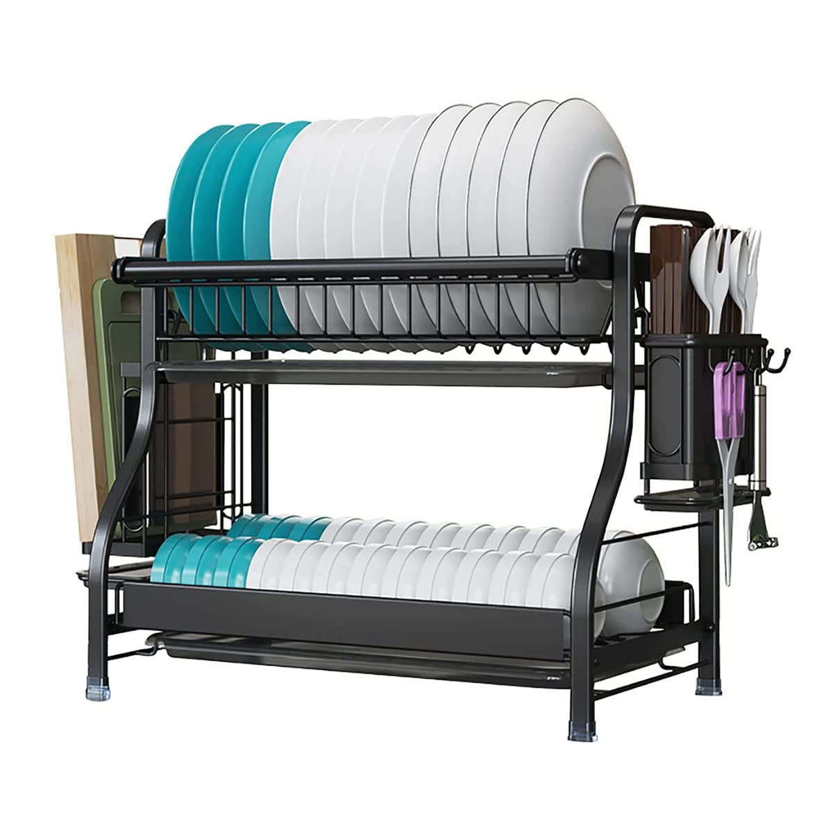 Premium 2-Tier Stainless Steel Dish Drying Rack with Removable Drip Tray - 304 Stainless Steel Kitchen Shelf with Utensil & Cutting Board Holder - Large Capacity Countertop Organizer for Dishes, Cups & Cookware - Perfect for Small Kitchens, Apartments & Dish Drainer Storage