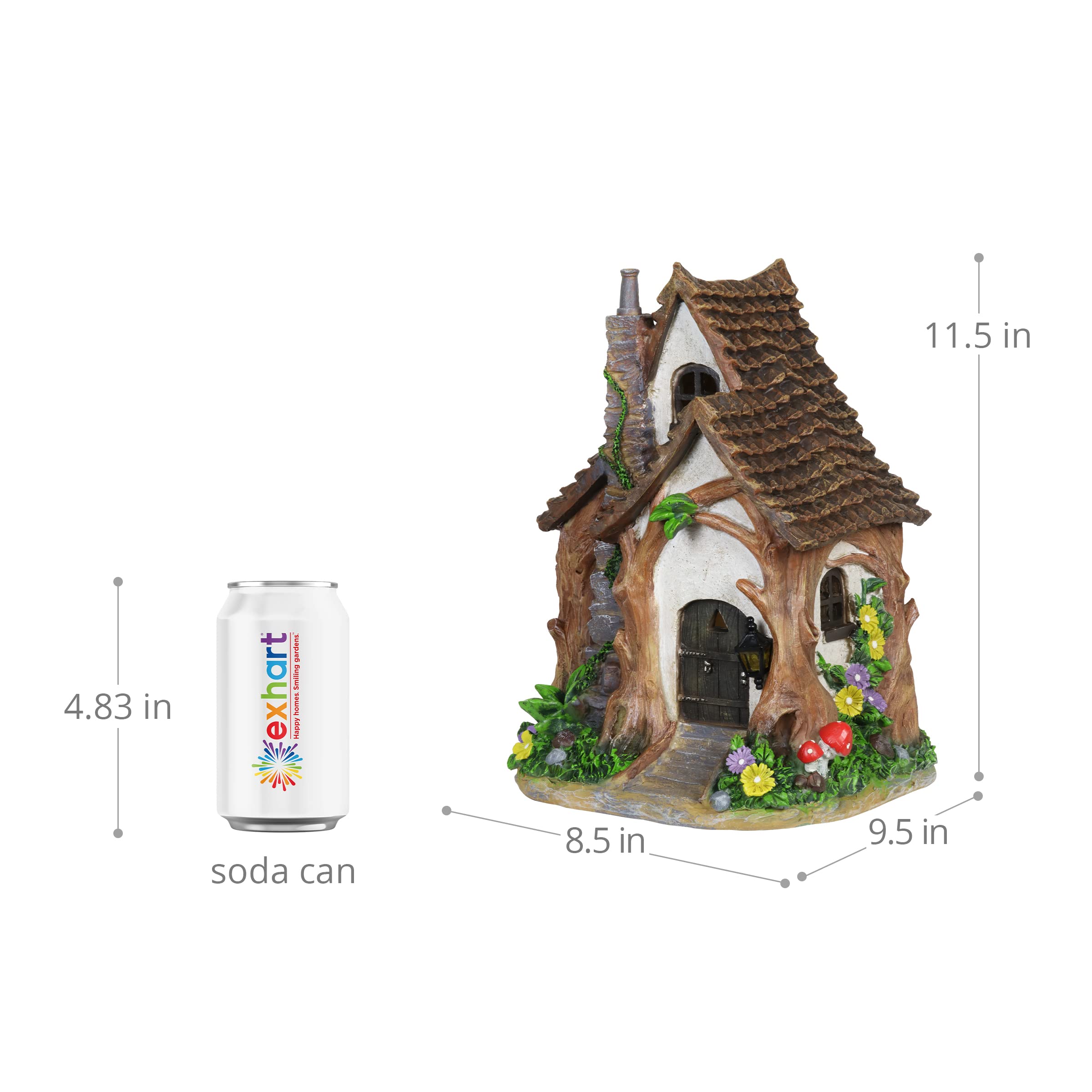 Exhart Solar-Powered Fairy Garden Sculpture - LED Illuminated Tree Trunk Fairy House, Weather-Resistant Resin Outdoor Decor for Lawn, Yard & Patio (8.5 x 9.5 x 11.5 Inch) - Perfect for Garden Pathways, Flower Beds & Magical Nighttime Displays