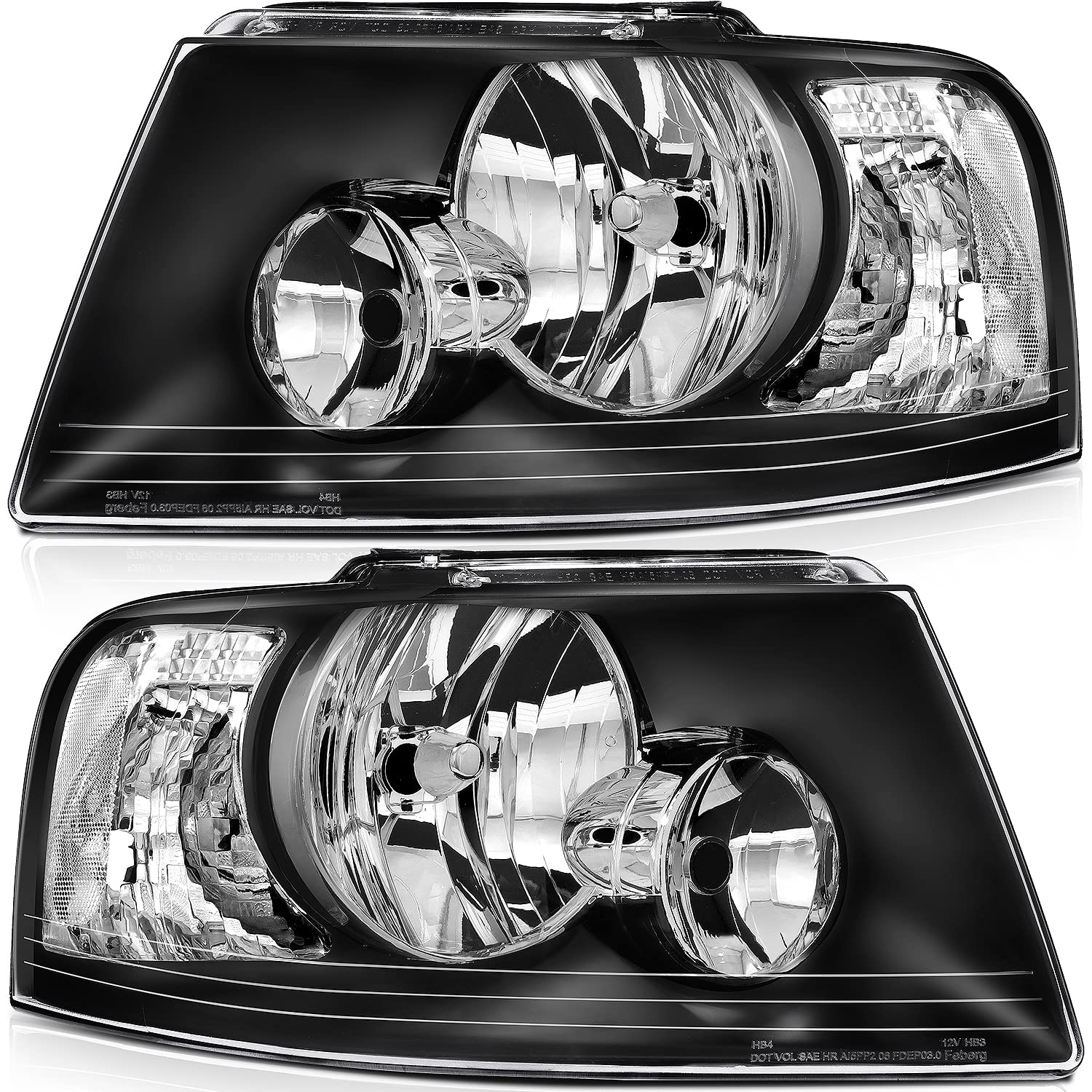 2003-2006 Ford Expedition Headlight Assembly - Black Housing, Clear Reflector & Lens - Driver & Passenger Side Replacement Headlamps - Perfect for Night Driving & Off-Road Adventures