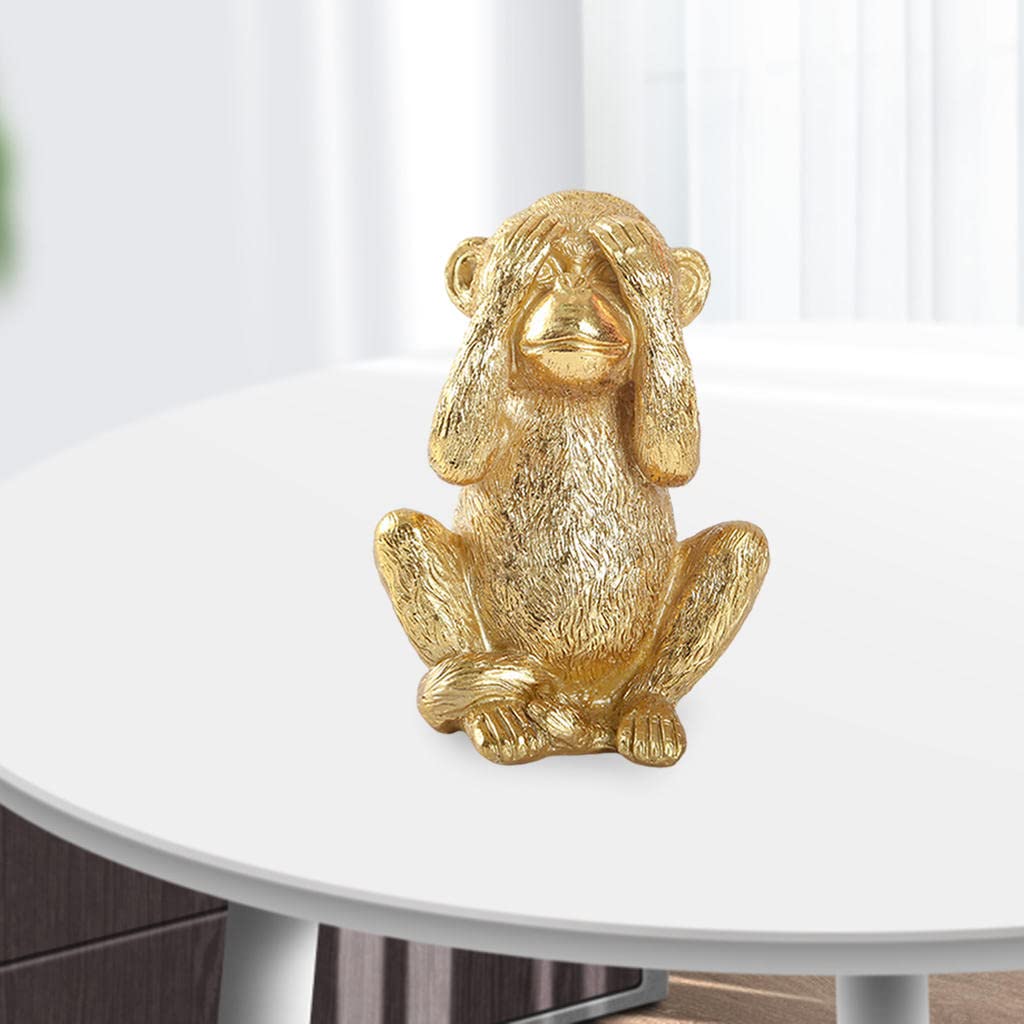 Handmade Resin Feng Shui Monkey Statue - Gold Chinese No Evil Monkey Figurine for Home Decor & Good Luck | Perfect for Living Room, Office & Gift Giving