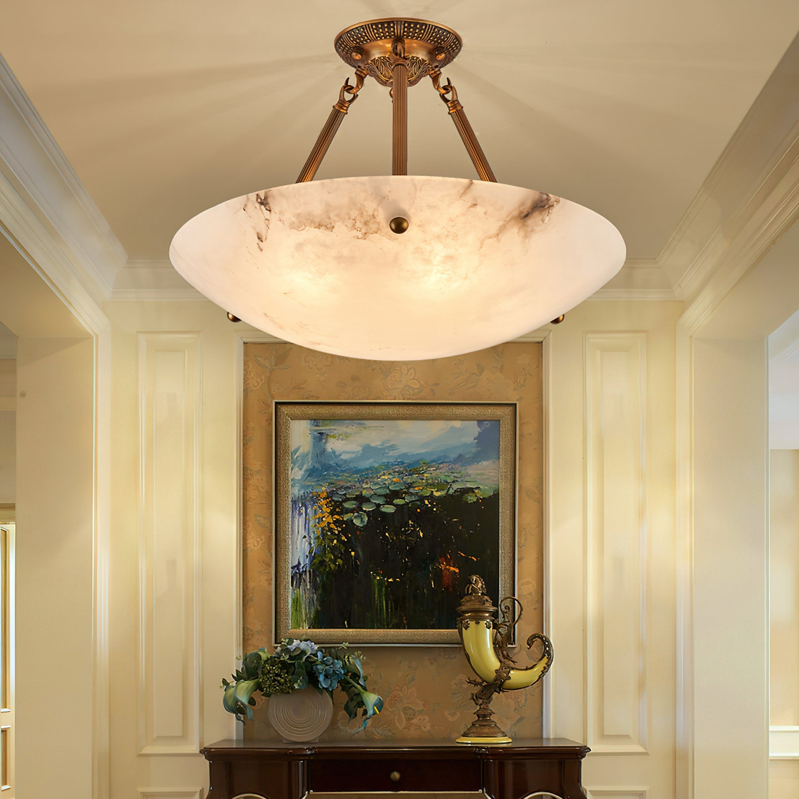 Alabaster Bowl Ceiling Light Fixture - Modern Handcrafted Stone Pendant Lamp for Dining Room, Living Room & Bedroom Lighting