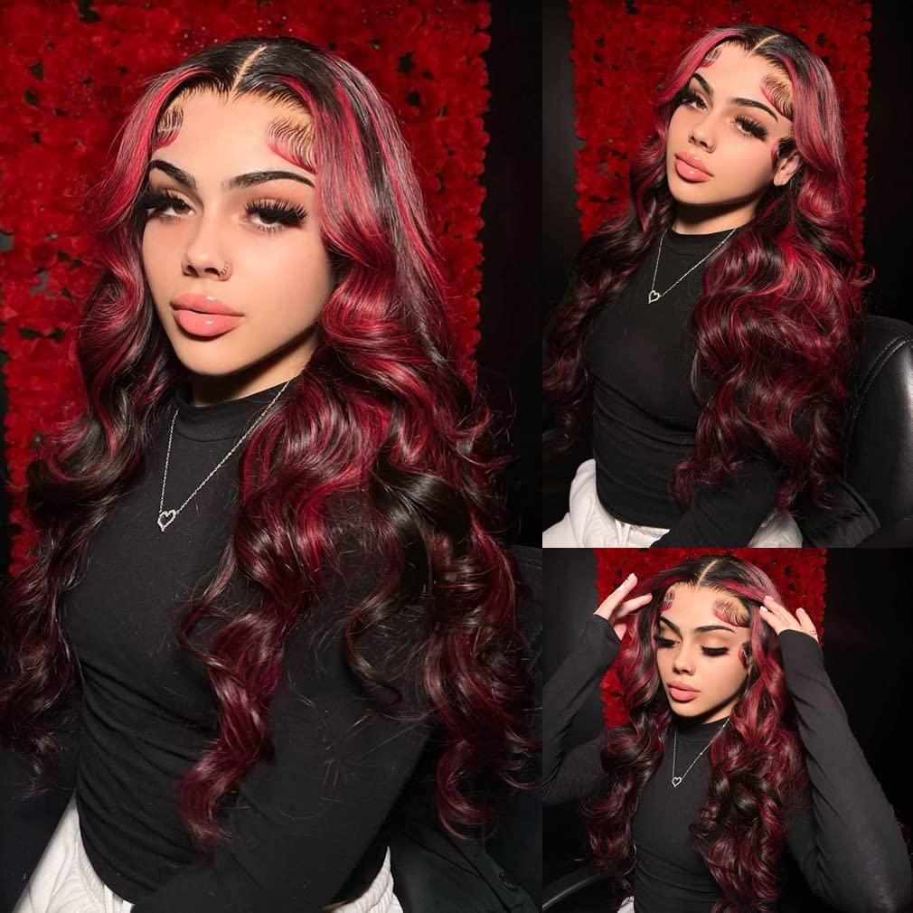 250% Density Burgundy Lace Front Wig - 13x6 HD Transparent Lace Brazilian Virgin Human Hair with Rose Red Highlights | Pre-Plucked Glueless Body Wave Wig for Women | Perfect for Cosplay, Daily Wear & Special Occasions