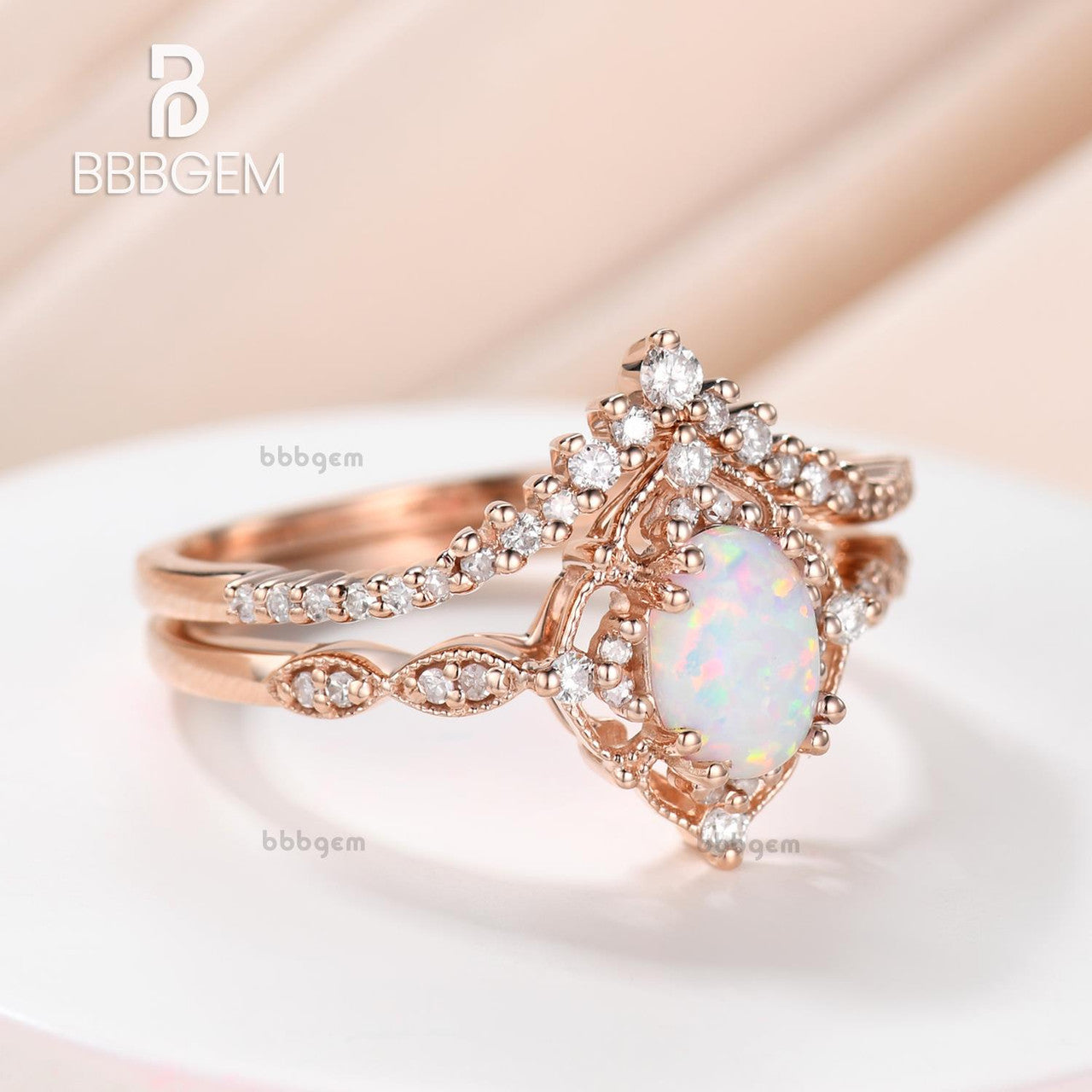 Vintage Art Deco Opal Bridal Ring Set - Oval Opal Engagement Ring with Rose Gold & Diamonds - Wedding & Anniversary Gift for Her - Perfect for Proposals, Bridal Jewelry & Special Occasions
