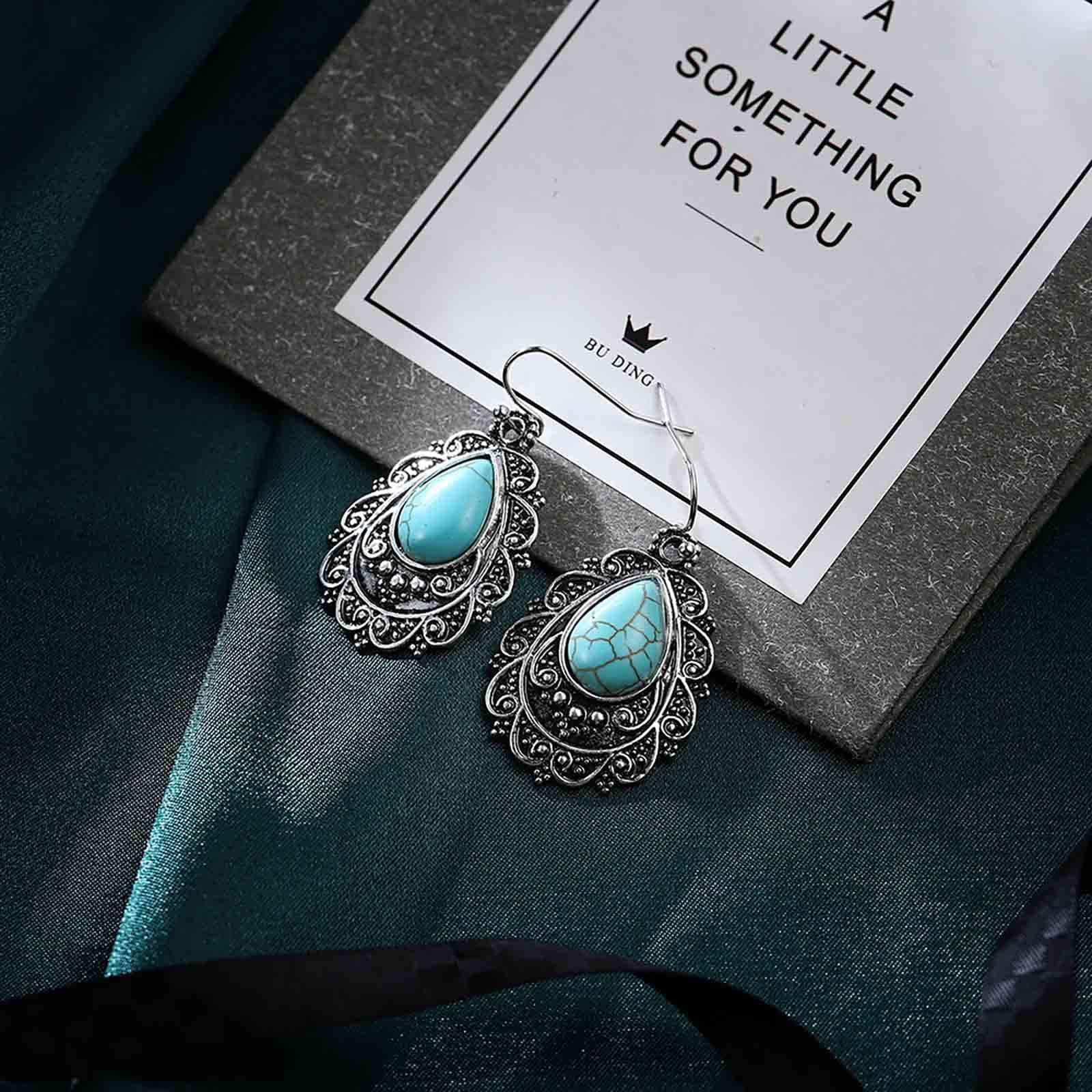 Vintage Teardrop Turquoise Drop Earrings for Women - Sterling Silver Dangle Hook Earrings with Blue Gemstone, Oval Turquoise Stone Jewelry - Perfect for Parties, Weddings & Boho Fashion