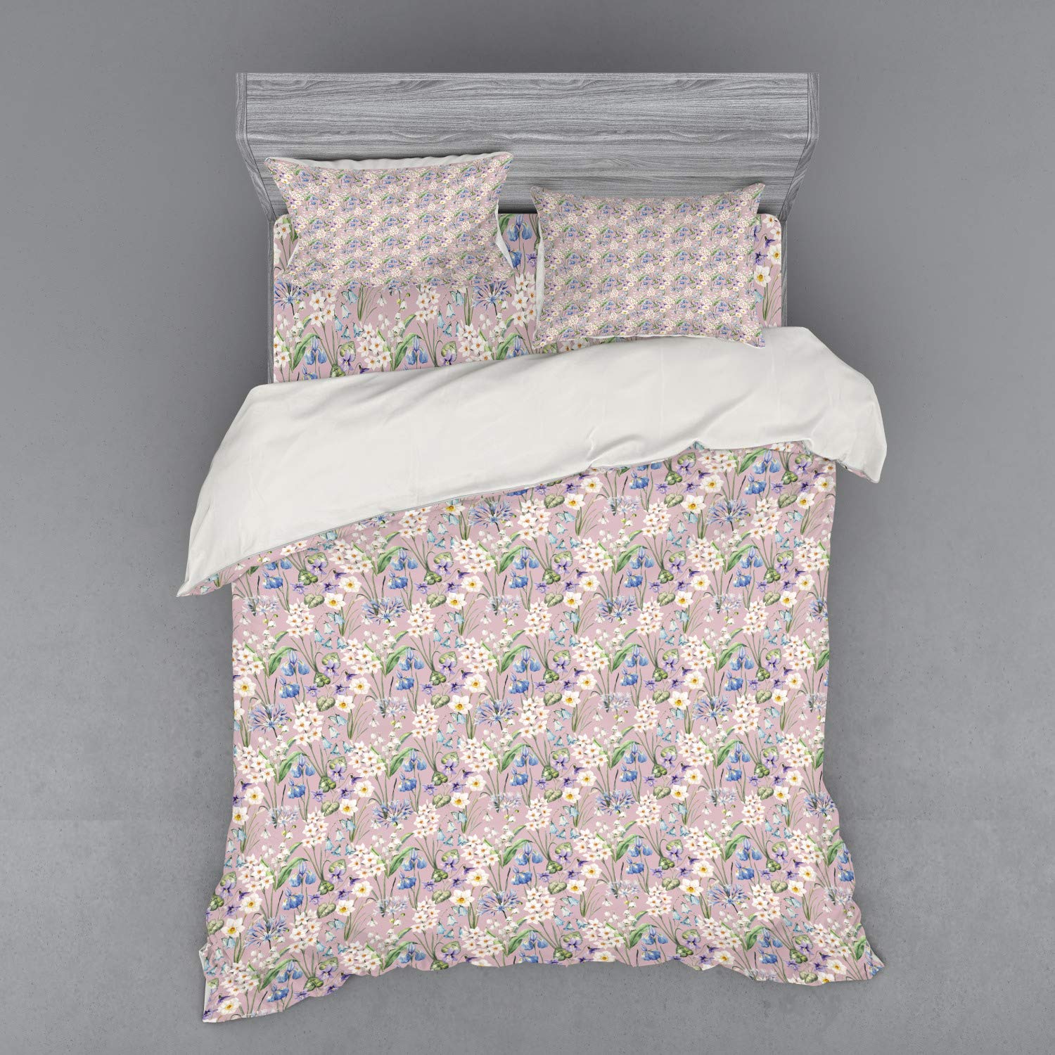 Ambesonne Spring & Summer Floral Duvet Cover Set - Queen Size 4-Piece Bedding with Farm Flowers, Daisies, Tulips Print in Lilac Blue & White | Perfect for Farmhouse, Cottage, or Boho Chic Bedroom Decor