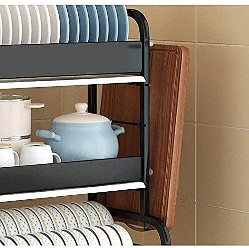 Stainless Steel 3-Tier Plate Rack Dish Drainer with Removable Drainboard - Rustproof Kitchen Organizer for Plates, Pans & Utensils - Perfect for Small Spaces, Countertop Storage & Dish Drying (Black)