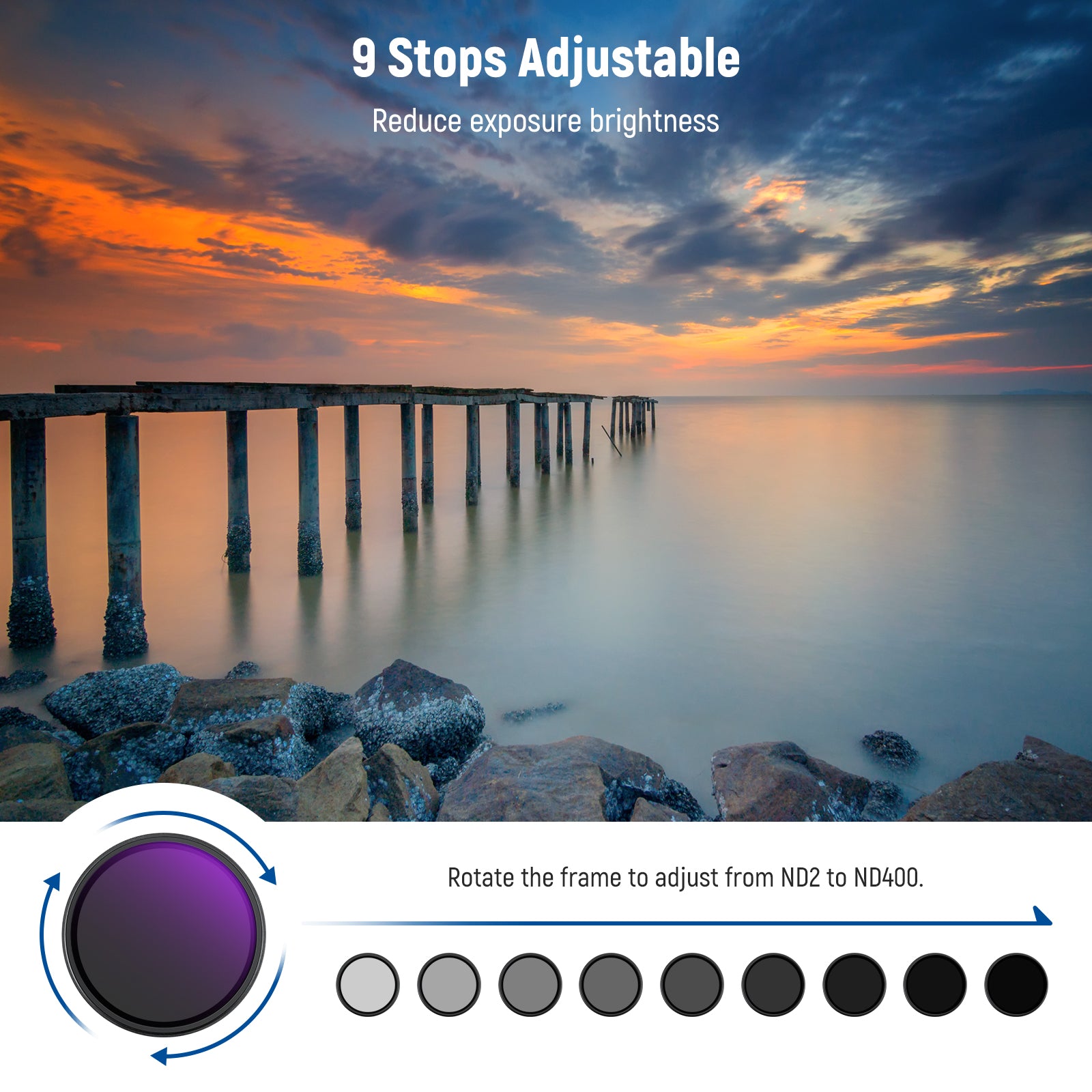 NEEWER ND2-400 Variable Neutral Density Filter (1-9 Stops) with Lens Cap - Perfect for Photography, Videography, and Outdoor Shooting