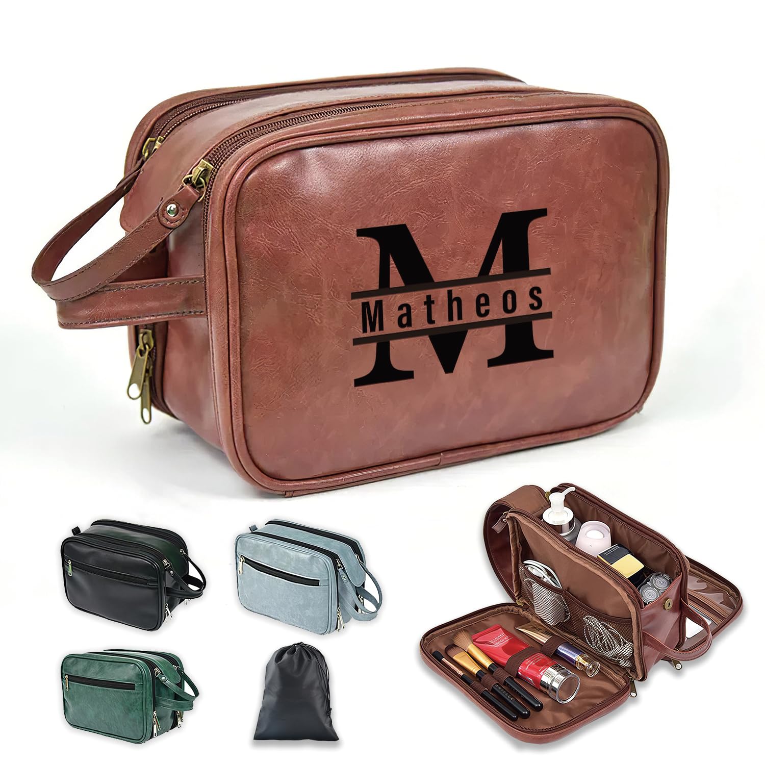 2 Pack Personalized Leather Toiletry Bag for Men - Handcrafted Custom Dopp Kit, Travel Shaving & Cosmetic Bag - Perfect Gift for Father, Husband, Boyfriend, Groomsmen & Best Man - Ideal for Business Trips, Vacation & Gym Essentials Organization
