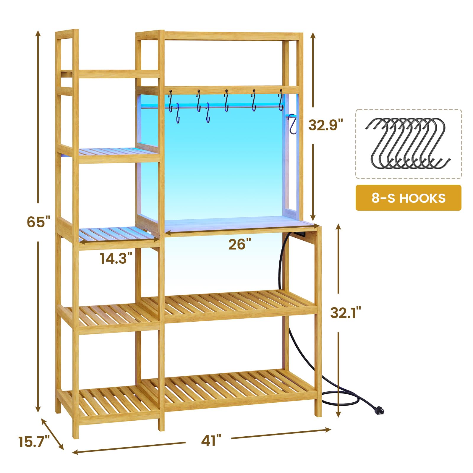 Multi-Functional Bakers Rack with Power Outlet & Coffee Bar - 10-Tier Kitchen Storage Shelf with 8 Hooks - Freestanding Microwave Stand & Utility Organizer - 15.7