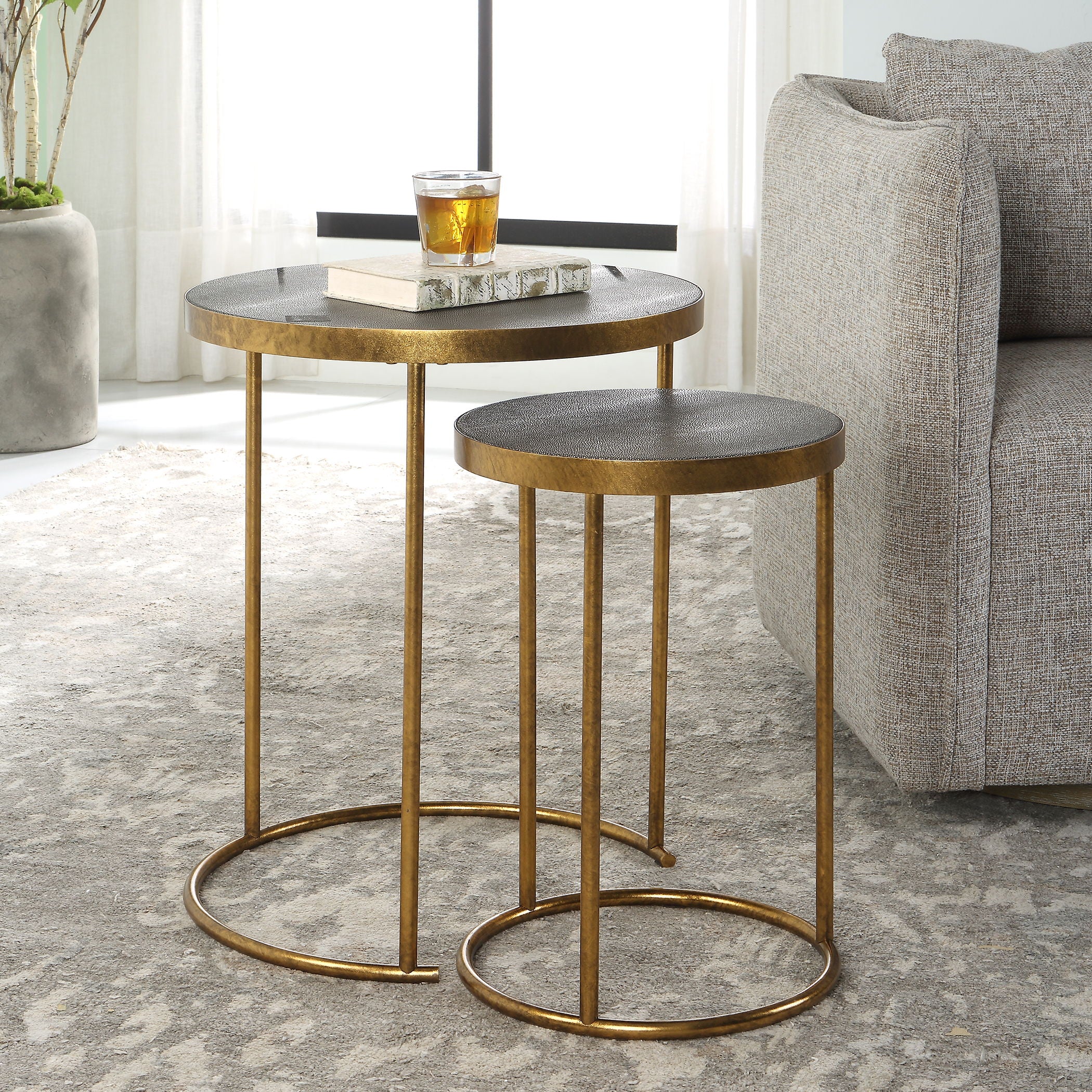 Aragon Brass Nesting Tables Set of 2 - Modern Side End Tables for Living Room, Bedroom & Office - Space Saving Stackable Coffee Tables