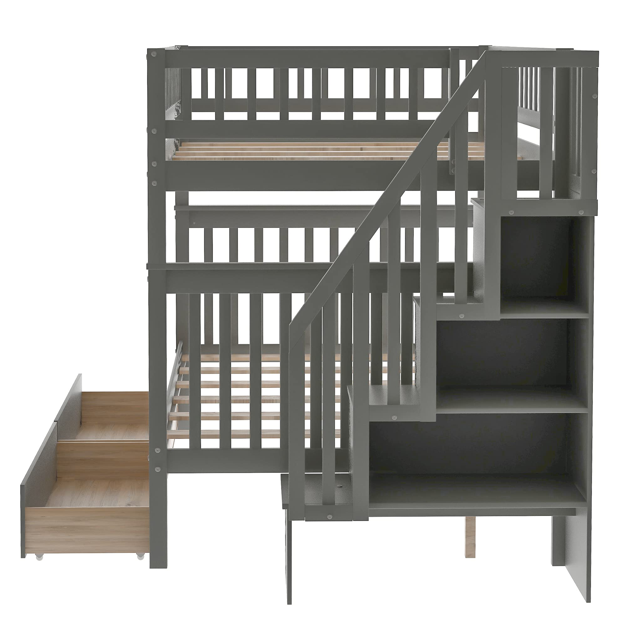 Harper & Bright Designs Full Over Full Bunk Bed with Drawers - Solid Wood Bunk Bed Frame, Full Size Bunk Bed with Storage, Convertible Bunk Bed in Gray - Perfect for Kids' Bedroom, Guest Room & Space-Saving Solutions