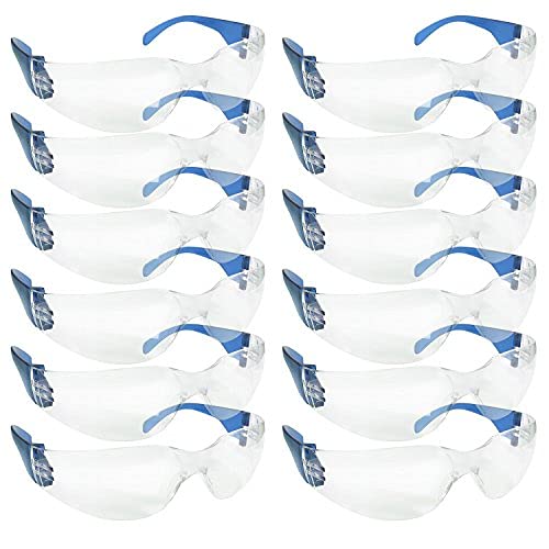 BISON LIFE Clear Polycarbonate Safety Glasses - Impact & Ballistic Resistant Lens, Blue Temple (12 Boxes, 144 Pairs) - Ideal for Construction, Woodworking, Shooting & Industrial Safety Use