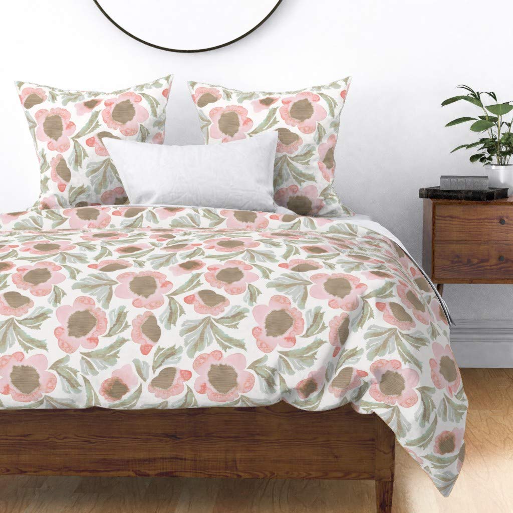 Farmhouse Garden Watercolor Pastel Nursery Pink Coral Cotton Sateen Duvet Cover for King/California King Size - Custom Printed Barn Wood Design Bedding Set | Perfect for Nursery, Guest Room & Farmhouse Style Decor