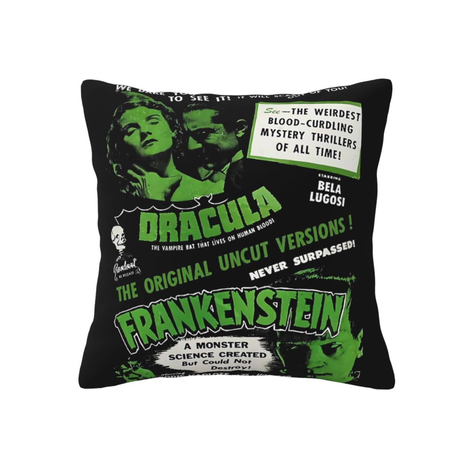 Dracula Frankenstein Throw Pillow Cover 18x18 Inch - Gothic Horror Novel Square Decorative Pillow Case for Couch, Sofa, Bed - Perfect for Halloween Decor, Horror Book Lover Gift & Living Room Accessories