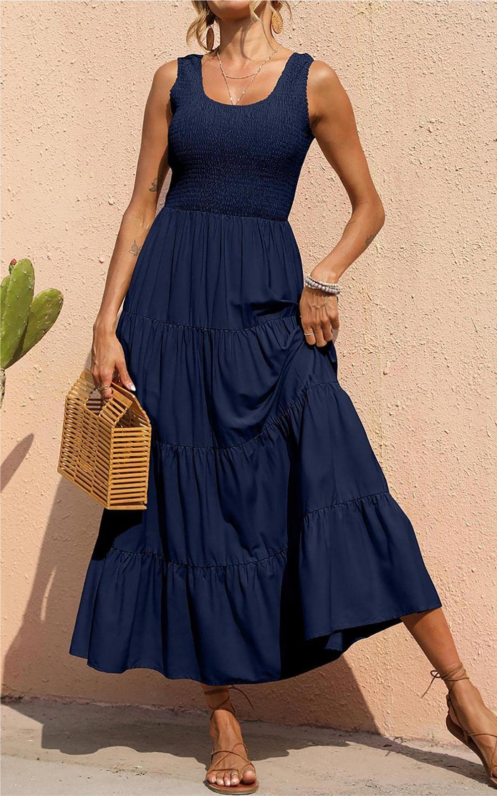 PRETTYGARDEN Women's Casual Loose Plain Maxi Sundress - Smocked Tank Dress Sleeveless Summer Beach Tiered Long Dress for Vacation, Pool Party & Outdoor Activities