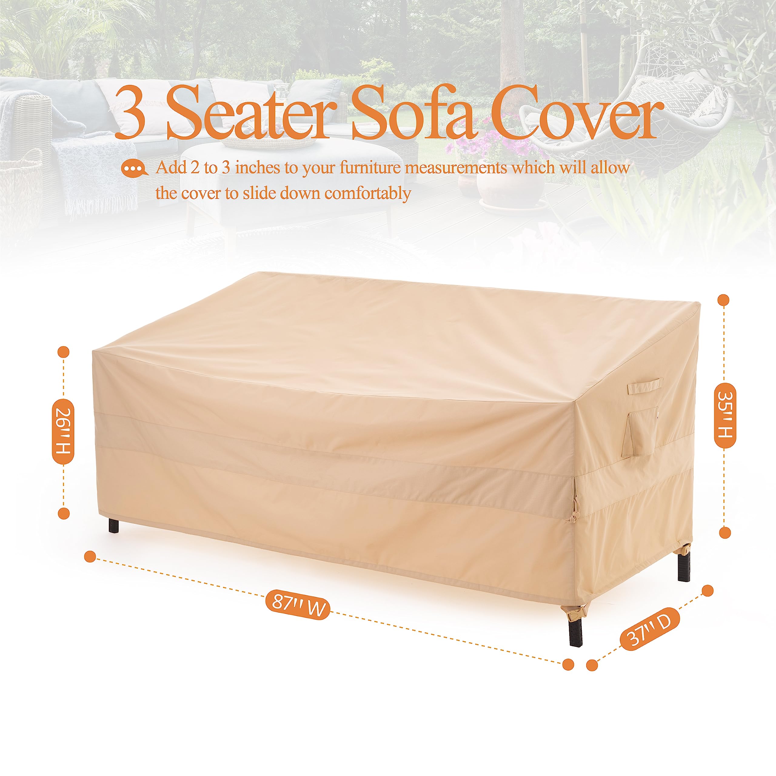 Heavy Duty 3-Seater Outdoor Sofa Cover - Waterproof, Wind Resistant Patio Couch Cover 87