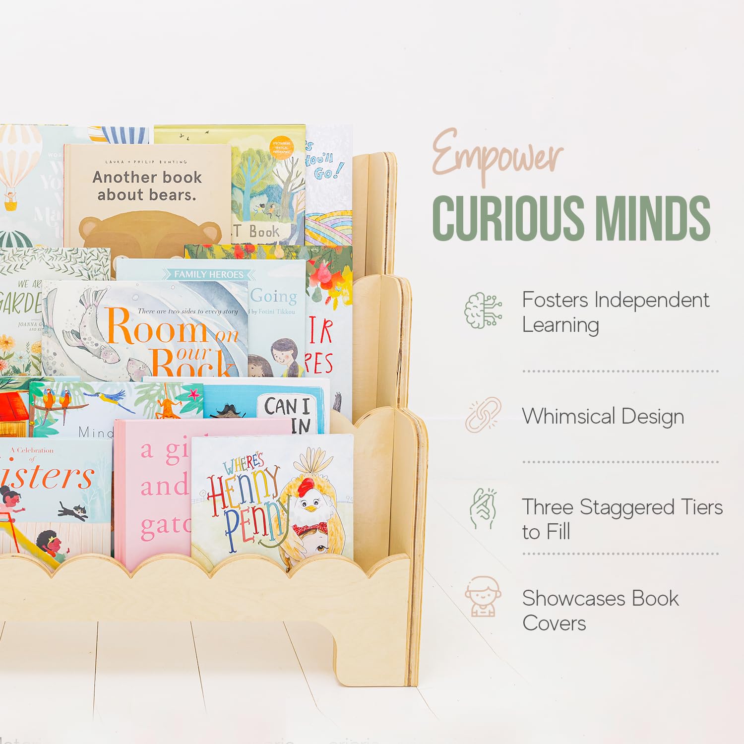 Montessori Wooden Kids Bookshelf with Scalloped Edges - 3-Tier Sturdy Children's Bookcase for Nursery, Playroom & Bedroom - Perfect Height Toddler Book Organizer for Reading Corner & Learning Space