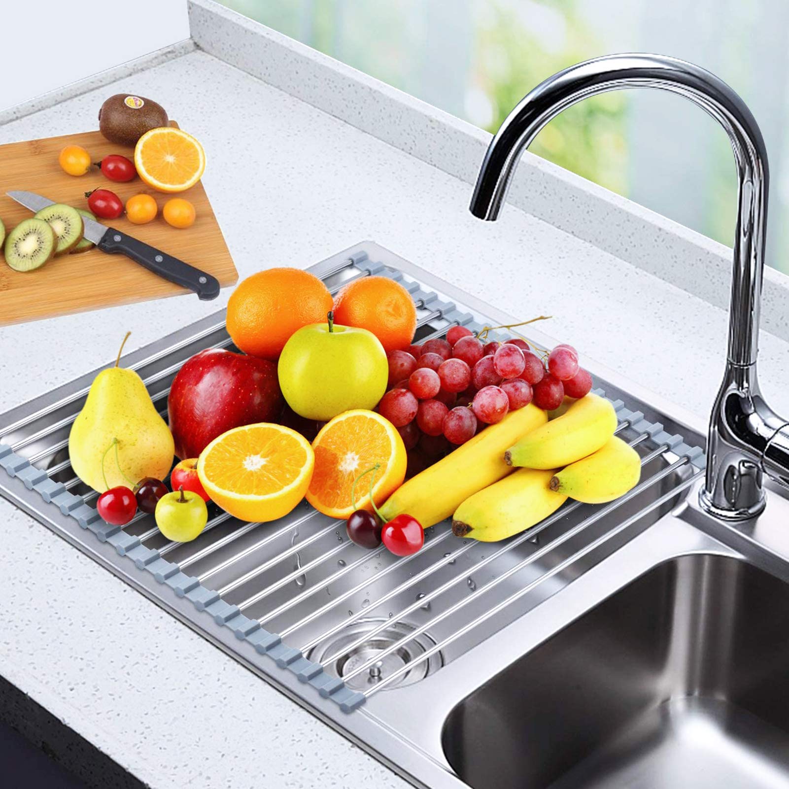 Searik Foldable Stainless Steel Dish Drying Rack - Over The Sink Space Saving Kitchen Organizer (20.5