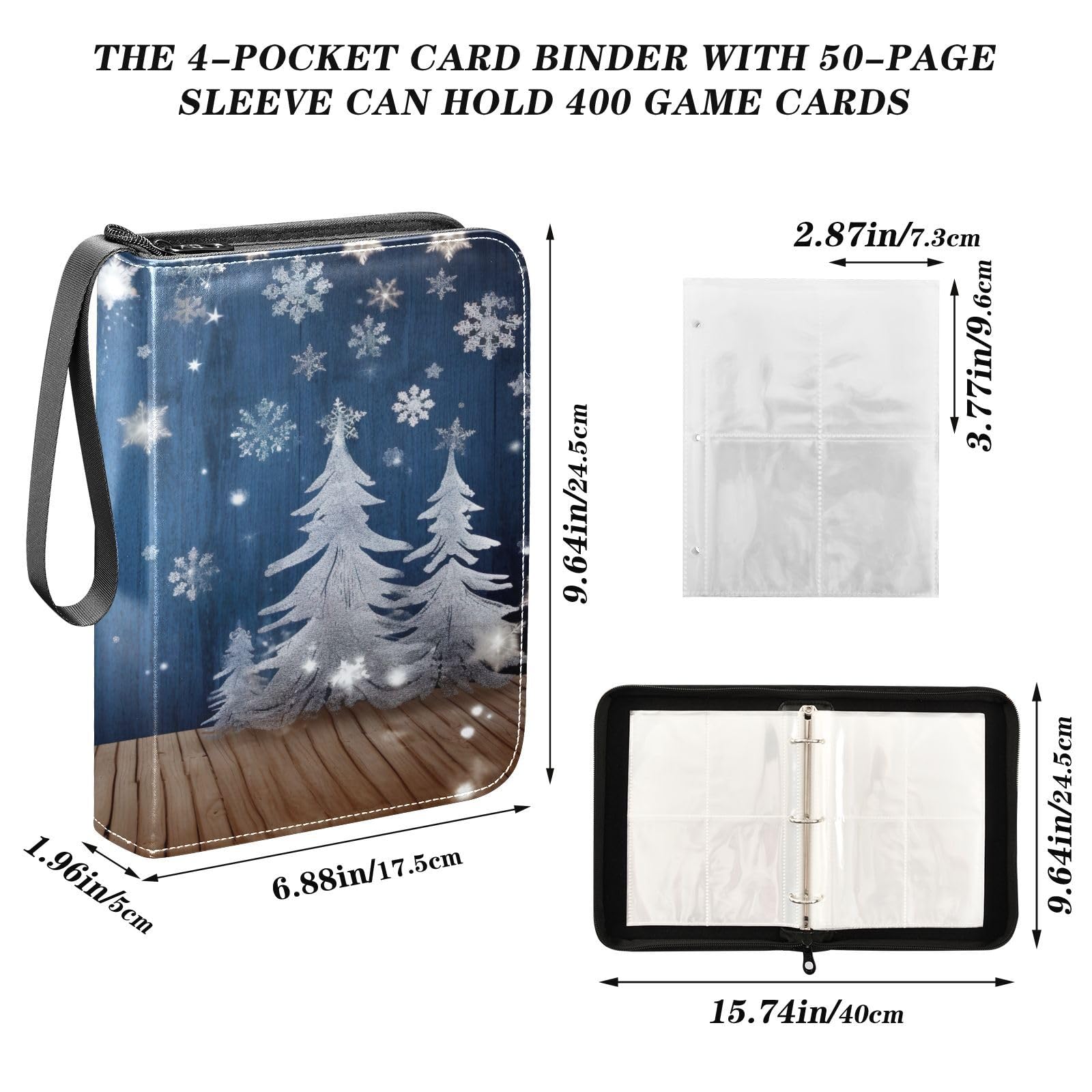 Winter Snowflake Christmas Tree 4-Pocket Trading Card Binder Book - Holds 400 Cards with 50 Sleeves & 3-Ring Design - Perfect for Football, Pokemon, MTG, and Sports Card Collectors (Great for Holiday Gifts & Card Game Storage)