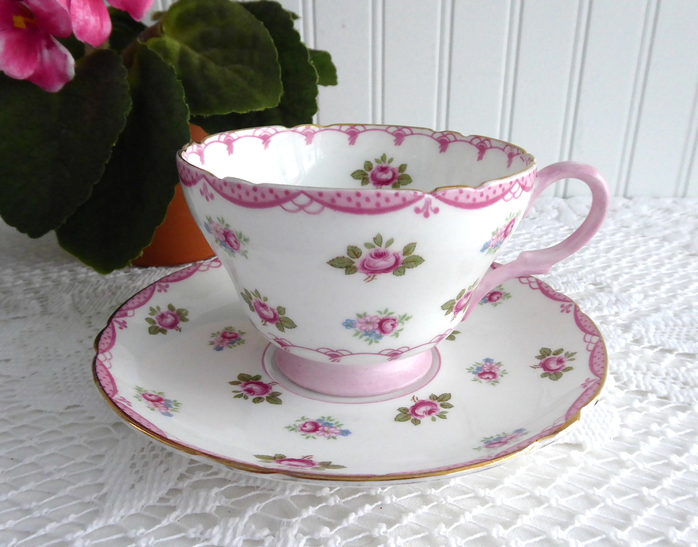 Vintage Shelley Henley Shape Pink Rosebuds Cup and Saucer Set - 1950s Floral Tea Cup with Pink Bunting Trim - Perfect for Afternoon Tea, Collectible China, and Vintage Home Decor