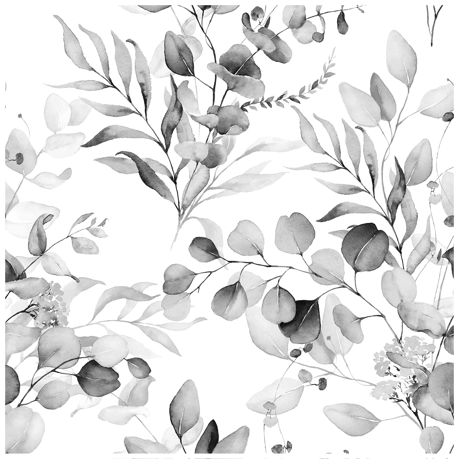 HAOKHOME Self-Adhesive Wallpaper - Boho Black Grey White Eucalyptus Leaf Floral Design, Peel and Stick Wall Mural for Home Decor, Nursery, Bedroom, 17.7in x 9.8ft - Perfect for DIY Home Renovation & Accent Walls