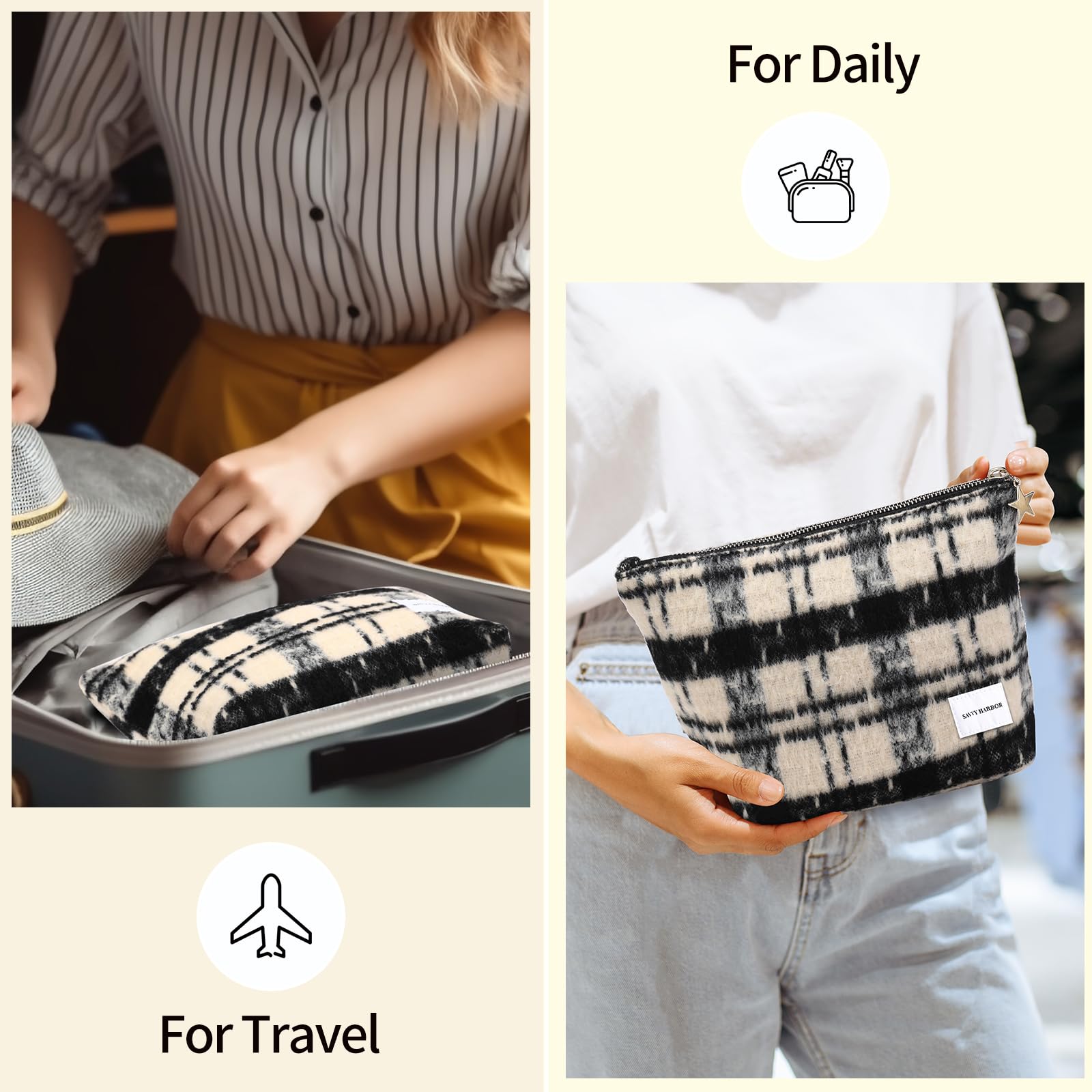 Elegant Beige Checkered Makeup Bag with Zipper - Roomy Travel Cosmetic Organizer & Toiletry Pouch for Women | Perfect Gift for Travel, Gym, and Daily Beauty Storage