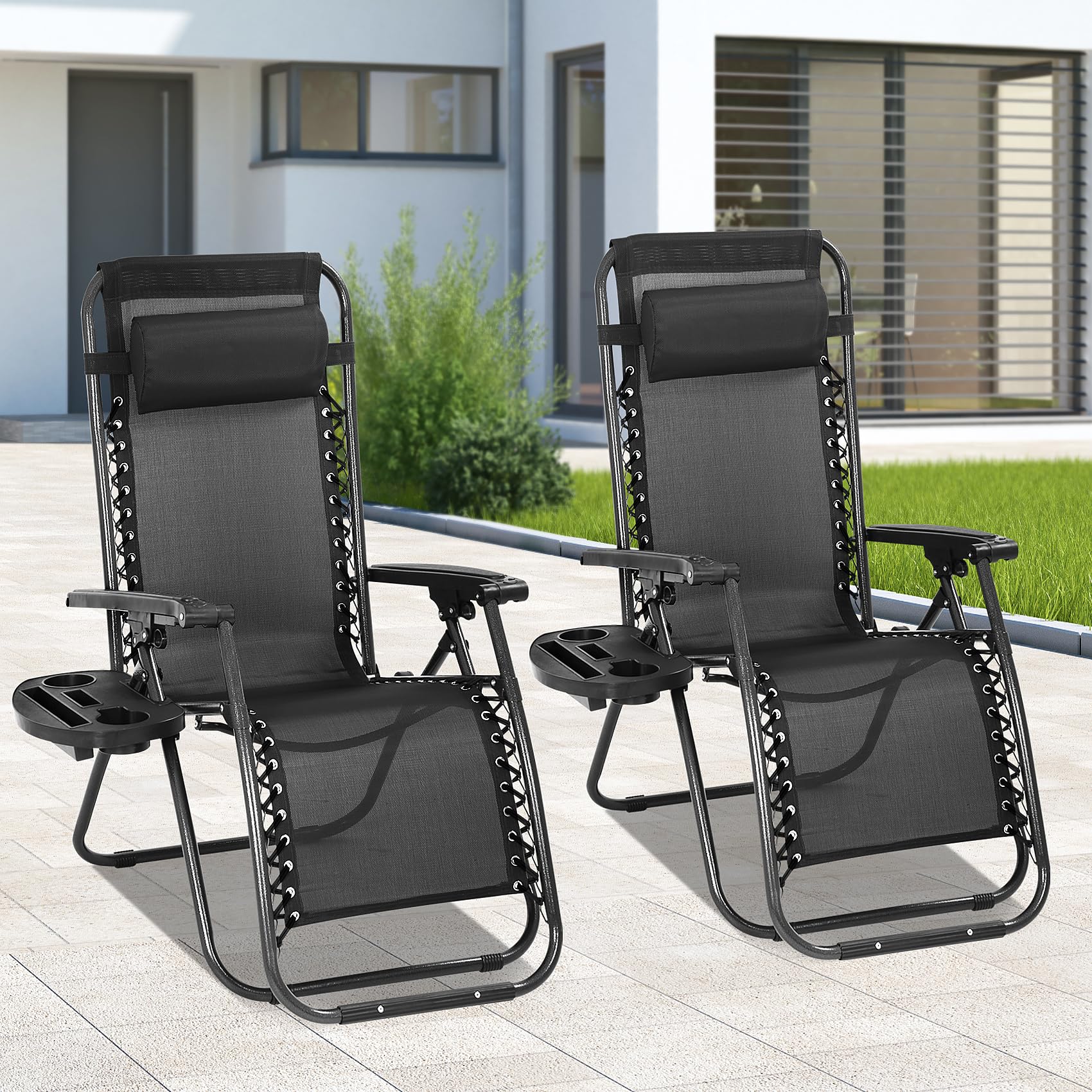 Premium Zero Gravity Reclining Lounge Chair with Adjustable Backrest, Padded Pillows & Cup Holder - Set of 2 for Ultimate Outdoor Relaxation in Backyard, Poolside, Beach, Garden, Deck or Patio - Perfect for Sunbathing, Reading & Lounging