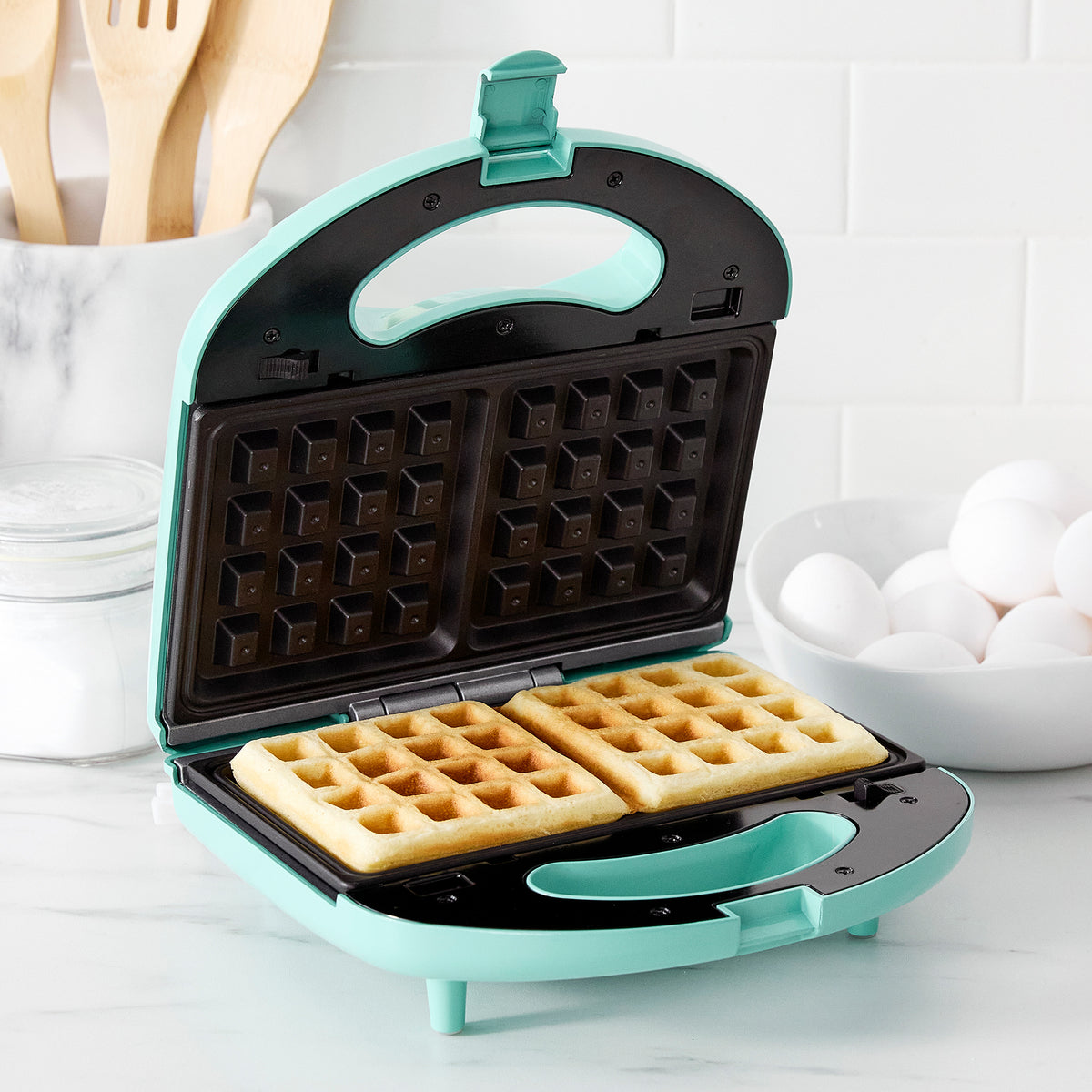 GreenLife Non-Stick Waffle Maker and Sandwich Press Combo - 2-in-1 Breakfast Appliance with Adjustable Temperature (Turquoise) | Perfect for Family Breakfast, Brunch, and Quick Snacks