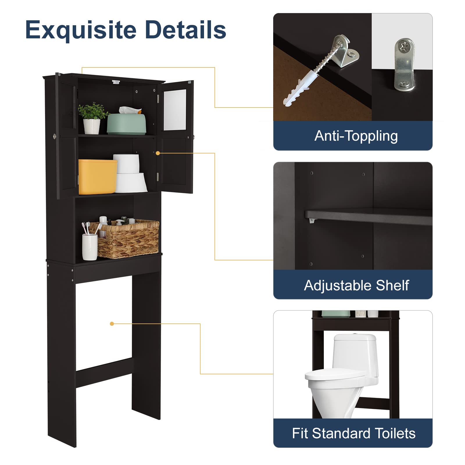 Bonnlo Over The Toilet Storage Cabinet - Freestanding Bathroom Organizer with Double Door Glass Window & Adjustable Shelves - Space Saving Towel Shelf for Toilet Paper, Cosmetics & Bath Essentials (Brown) - Perfect for Small Bathrooms, Apartments & Powder Rooms