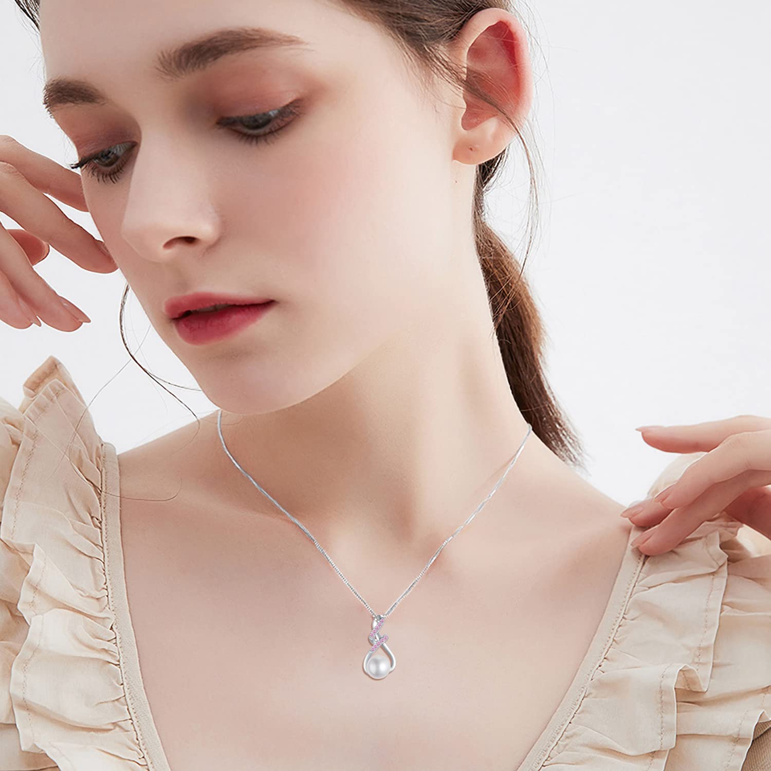 Endless Love 925 Sterling Silver Infinity Pearl Pendant Necklace with Birthstones - Thoughtful Birthday Gift for Mom, Women, Her - Perfect for Mother's Day, Anniversary & Special Occasions