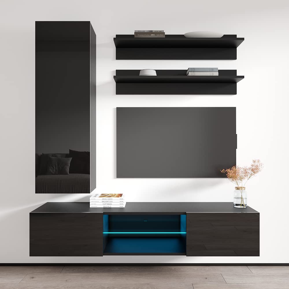 Modern Wall-Mounted TV Stand with Storage Shelves & LED Lights - Floating Entertainment Center Console for Living Room & Bedroom - Black H1 33TV Stand - Perfect for Small Spaces, Apartments, and Home Theater Setups