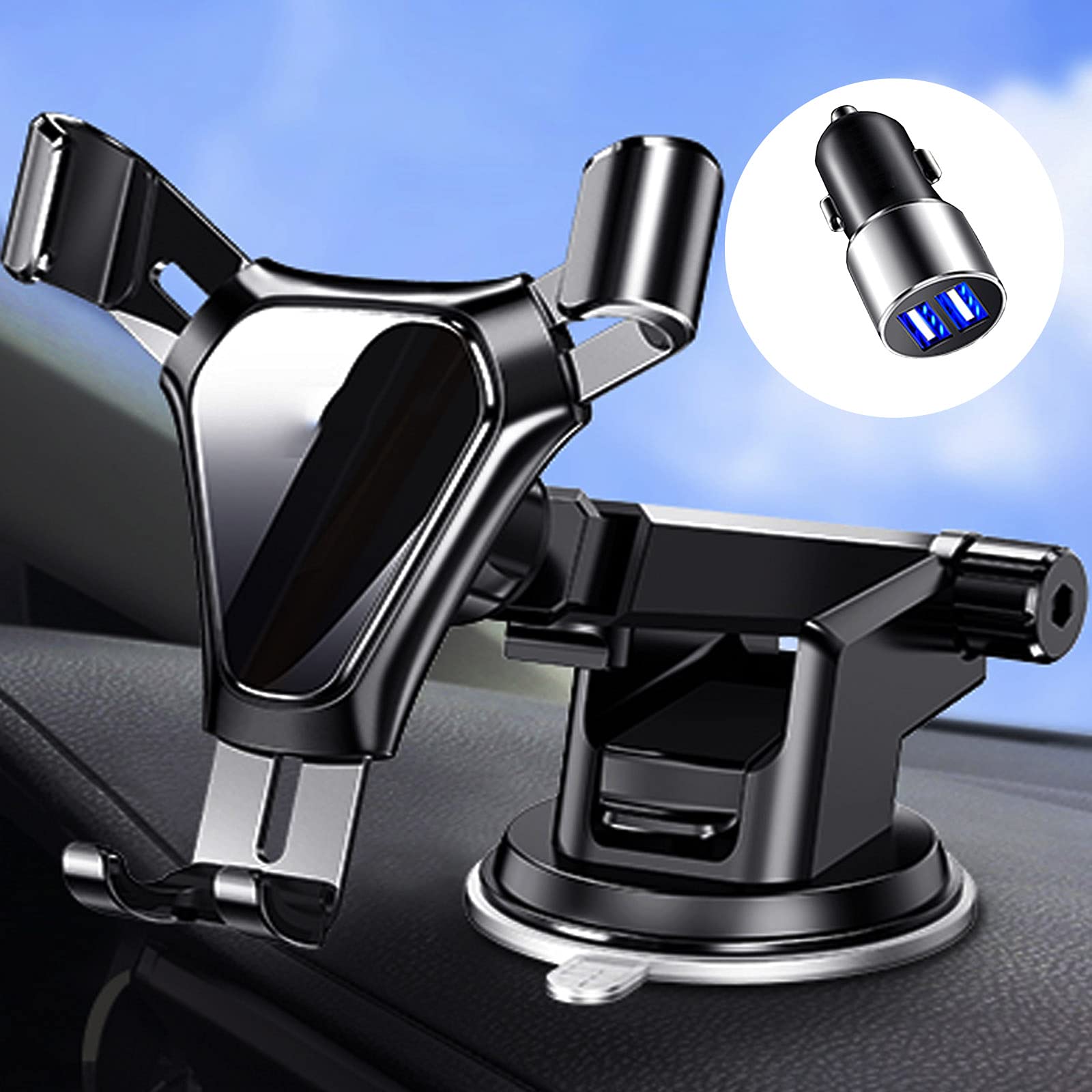 Universal Car Phone Holder - One-Handed Dashboard & Windshield Mount - Aluminum Alloy Gravity Phone Stand for iPhone Samsung - Perfect for Driving, Office & Home Use (Black/Silver)