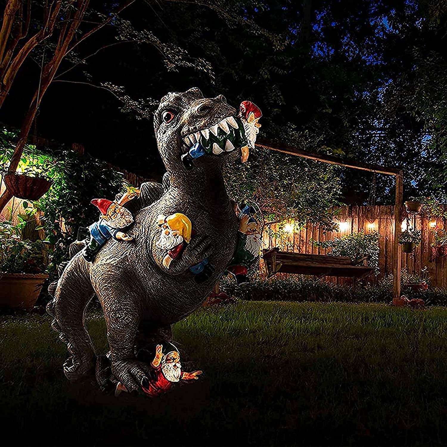 Dinosaur Eating Gnomes Resin Garden Statue - Large 11.8x7.9x3.9 Inch Outdoor Decor for Patio, Lawn, Yard - Funny Garden Art & Unique Housewarming Gift - Perfect for Fantasy Gardens, Dinosaur Lovers & Whimsical Outdoor Spaces