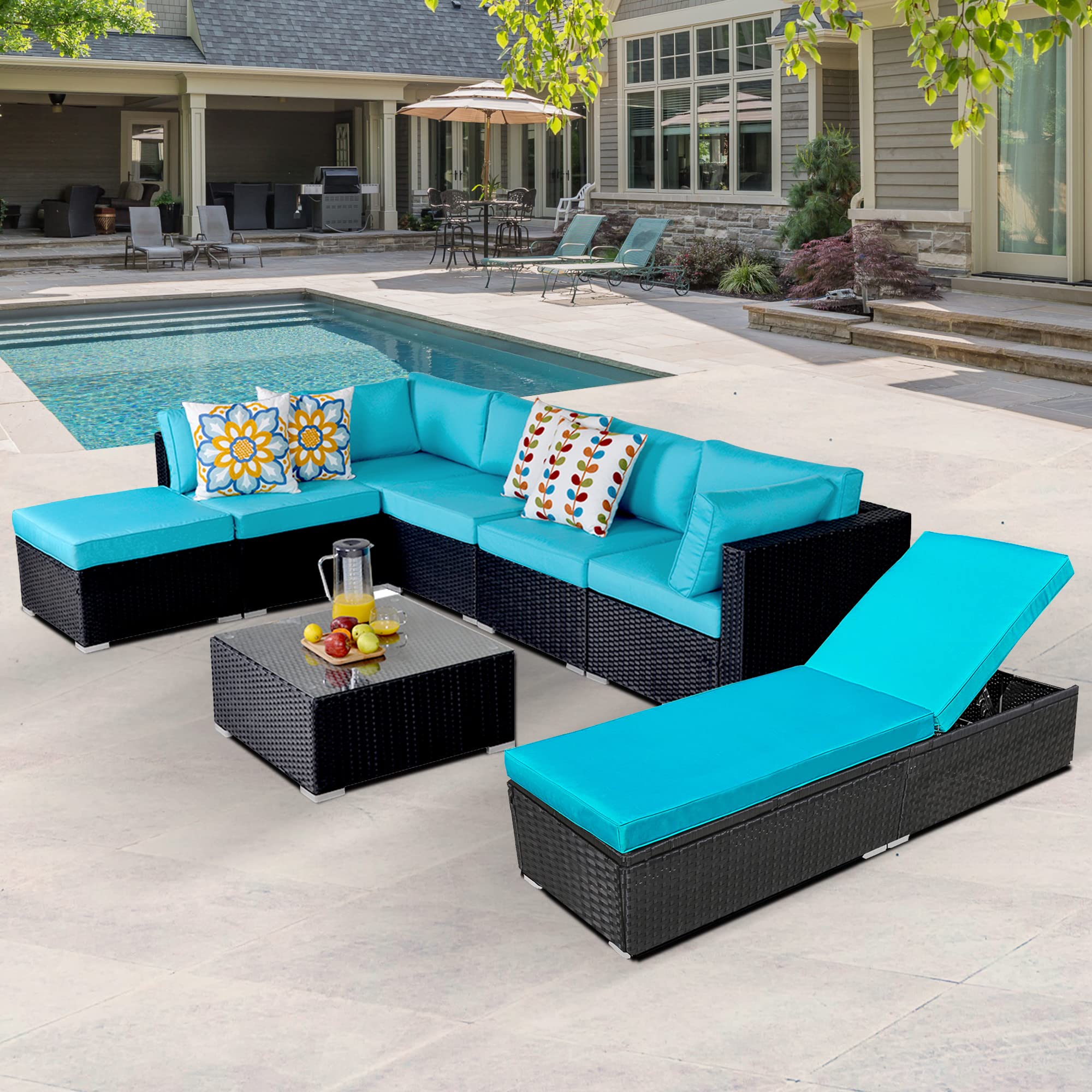 8-Piece All-Weather Wicker Patio Furniture Set with Chaise Lounge Chairs, Outdoor Sectional Sofa & Coffee Table - Blue - Perfect for Backyard, Poolside & Garden Relaxation