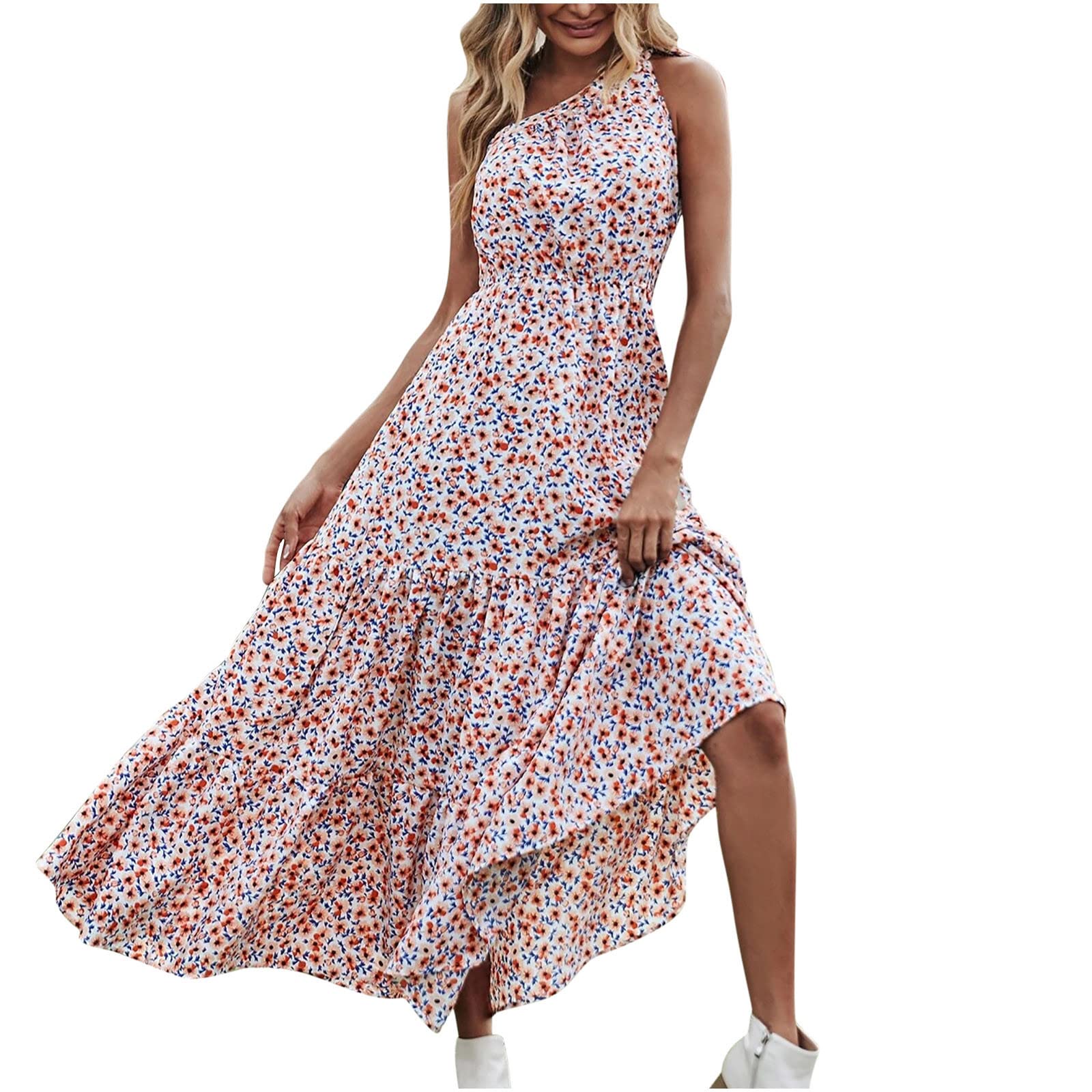 Women's Summer Floral Maxi Dress - Sleeveless One Shoulder Bohemian Sun Dress with Flowy Ruffle Swing for Beach, Party & Vacation | Casual Chic Outfit for Tropical Getaways
