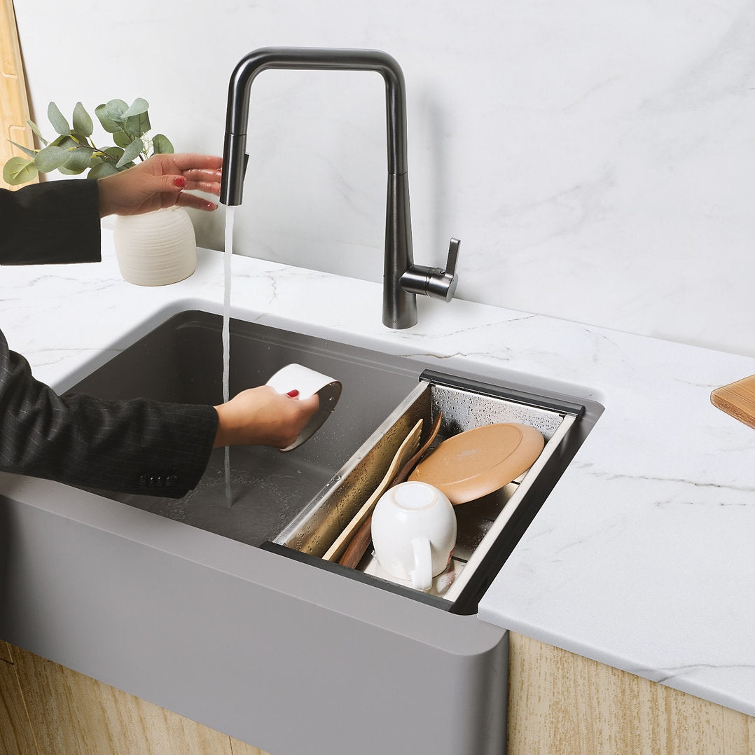 Stylish 30-inch BRONTE S 830WL Farmhouse Apron Front Grey Composite Granite Single Bowl Kitchen Sink - Perfect for Modern Farmhouse & Rustic Kitchen Renovations