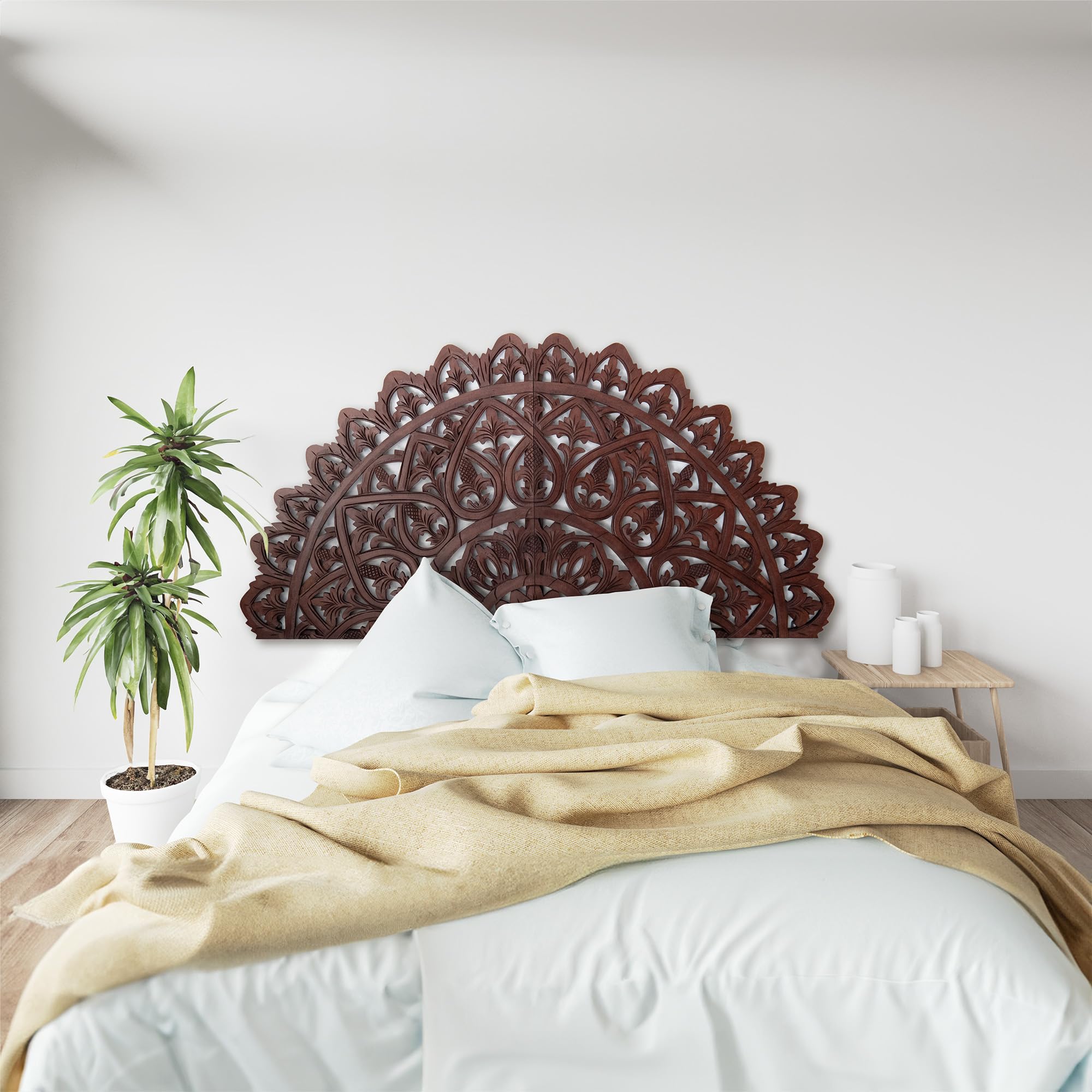 Rustic Half Moon King Wood Headboard - Carved Mahkota Dark Brown for Cal King Bed | Bedroom Decor