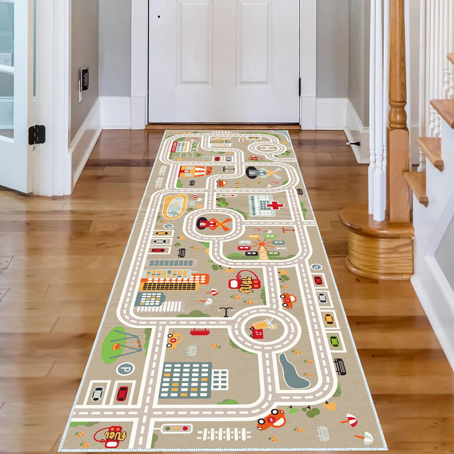 XRYZHC Non-Slip Kids Car Train Play Rug - 2' x 6' Boys Playroom Carpet, Soft Floor Mat for Toddler Bedroom & Nursery - Perfect for Playtime & Learning (Grey, 2x6 Feet)