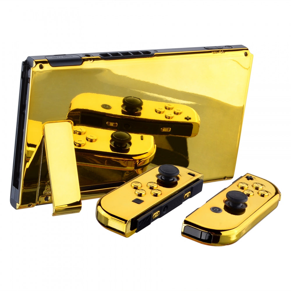 eXtremeRate Chrome Gold Nintendo Switch Joycon Controller Shell - Full Set DIY Replacement Back Plate with Buttons for Handheld Gaming | Perfect for Custom Mods & Console Upgrades