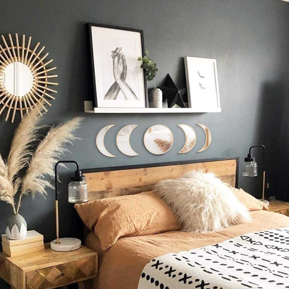 5-Piece Moon Phase Mirror Set - Acrylic Bohemian Wall Decor with Wooden Frame for Living Room, Bedroom & Home Interior Design - Perfect for Boho, Aesthetic & Spiritual Spaces
