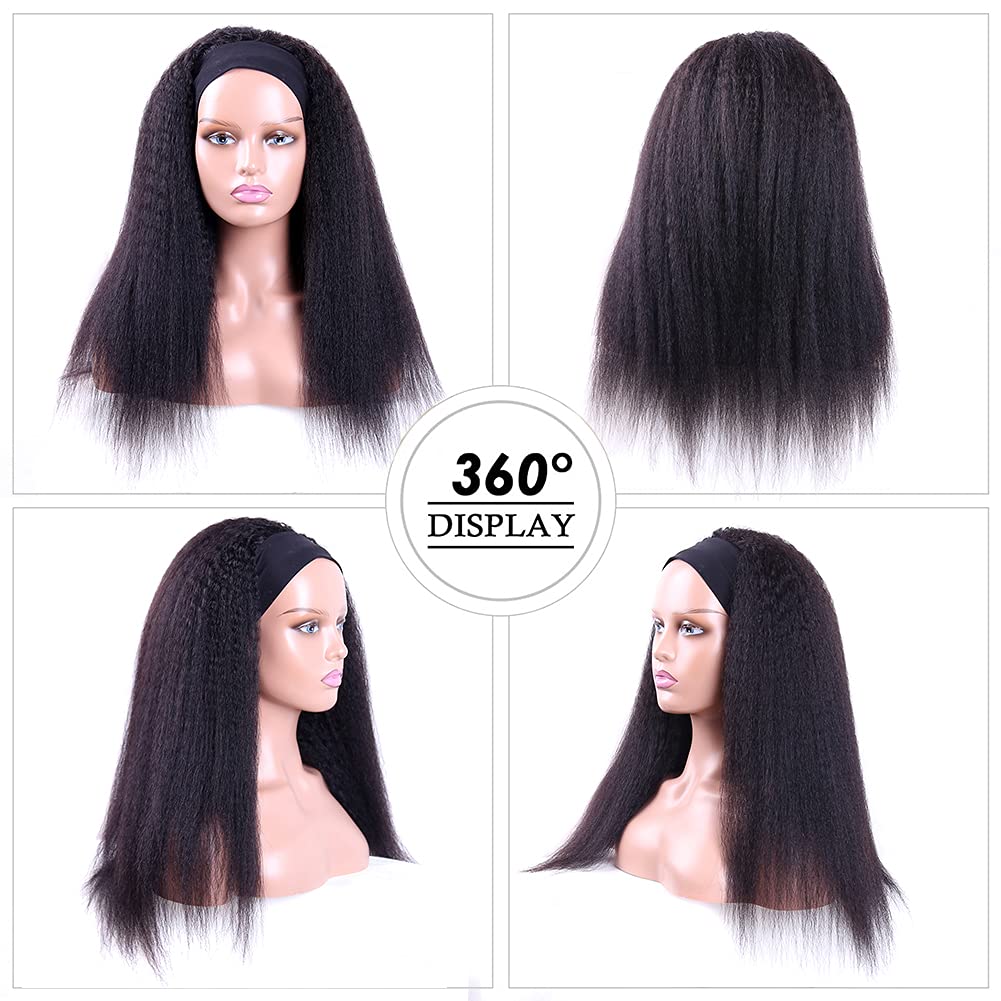 180% Density 12A Kinky Straight Human Hair Headband Wigs for Black Women - Yaki Straight Half Wig with Attached Headband (28 Inch, Natural Black) | Perfect for Daily Wear, Parties & Protective Styling
