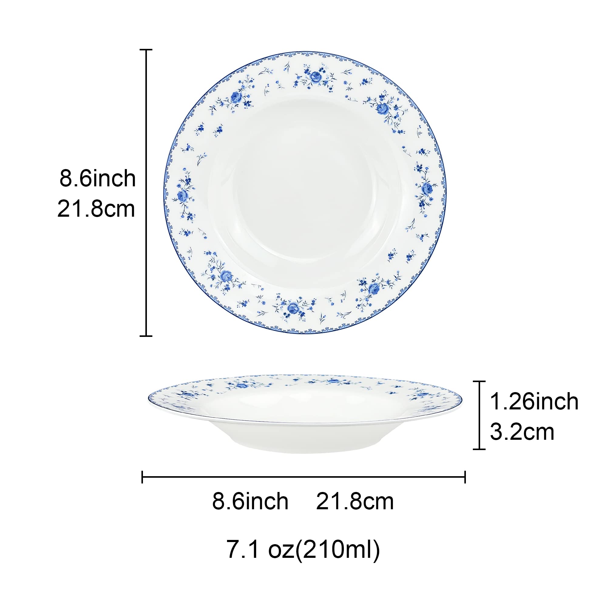 Fanquare 8 Inch Porcelain Soup Bowls Set of 4 - Round Pasta Plates for Salad, Dessert, Snack - Blue Roses Design - Perfect for Dining, Entertaining & Everyday Use