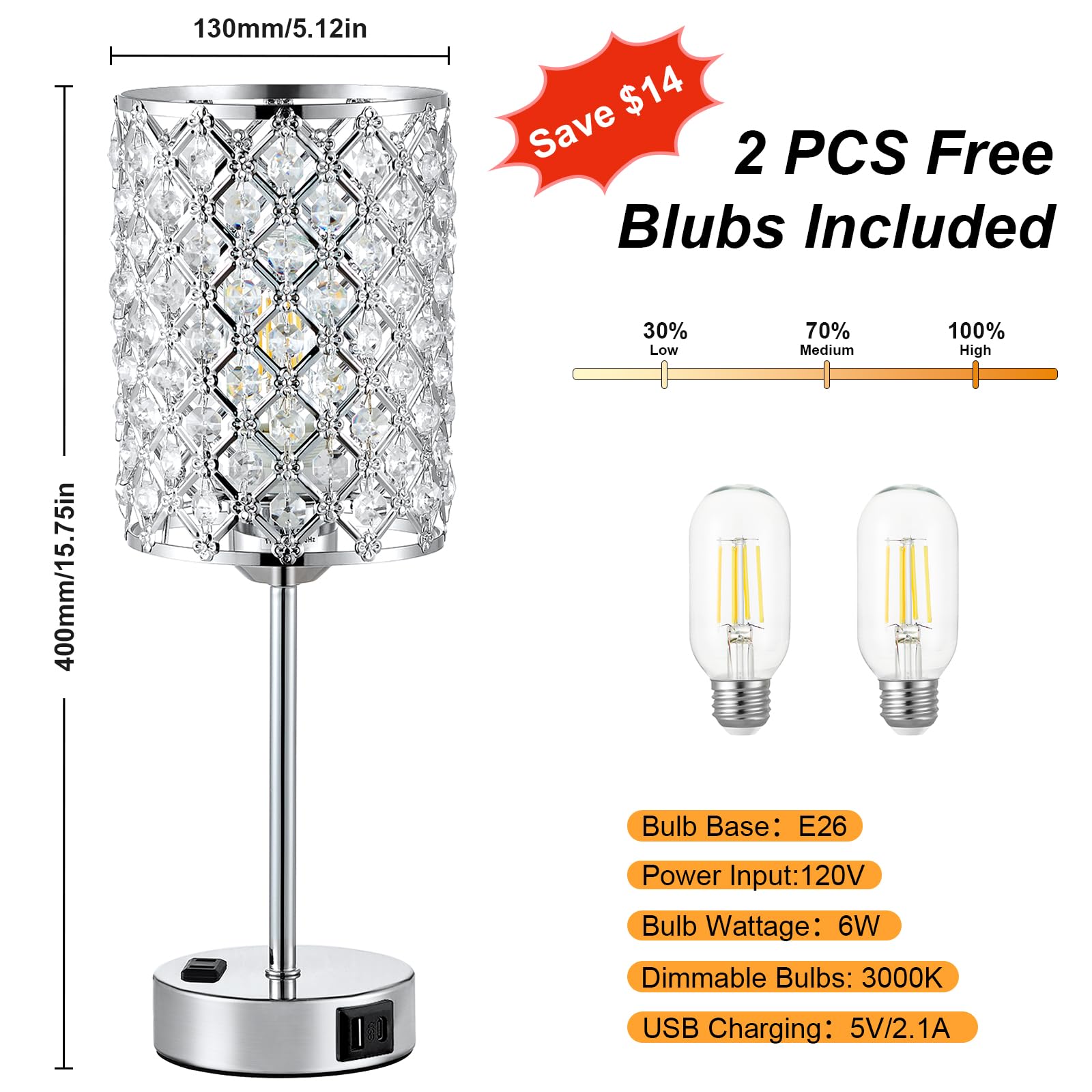 2-Pack Crystal Table Lamps with USB-C & AC Outlet - Silver Nightstand Touch Lamps, 3-Way Dimmable LED Bedside Lamps for Bedroom & Living Room - Perfect for Reading, Working & Creating Cozy Ambiance (Bulbs Included)
