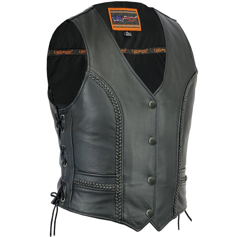 Daniel Smart Women's Leather Riding Vest with Braids & Side Laces - Concealed Inner Pocket - Plus Size 5XL - Perfect for Motorcycle Riding, Biker Events & Fashion Outfits