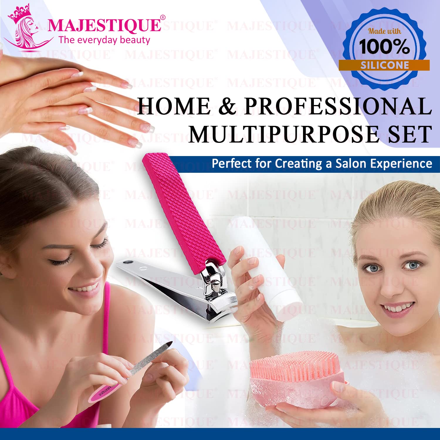 Majestique Nail Clipper & Filer Set with Soft Silicone Brush - Professional Nail Care Kit for Deep Cleaning, Cuticle Care & Relaxation - Home Spa Manicure Pedicure Essentials (Pack of 3) - Perfect for DIY Nail Care, Travel & Gift Giving